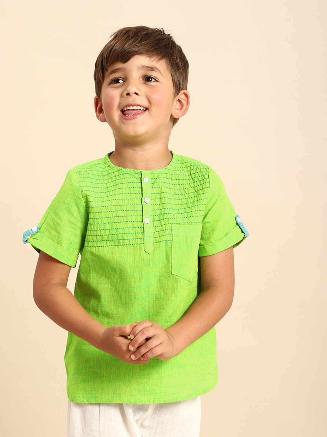 

House of Pataudi Boys Green Striped Pure Cotton Kurta