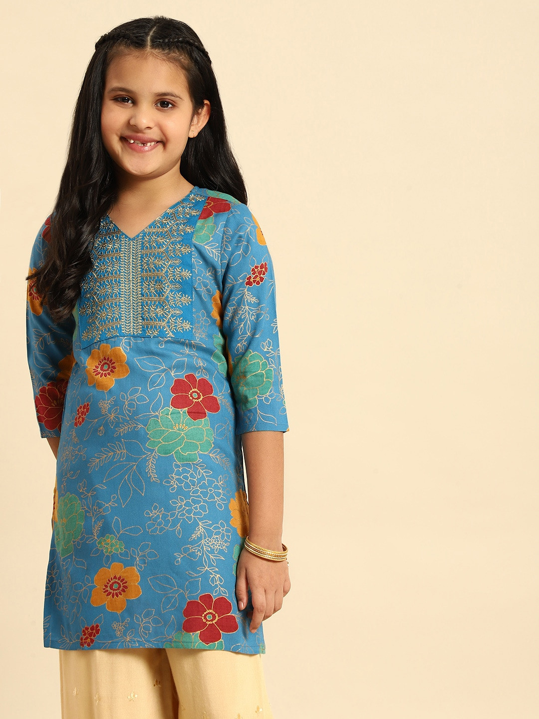 

House of Pataudi Girls Blue Floral Printed Kurta