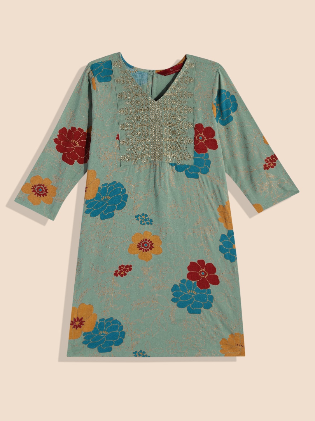 

House of Pataudi Girls Green Floral Printed Kurta
