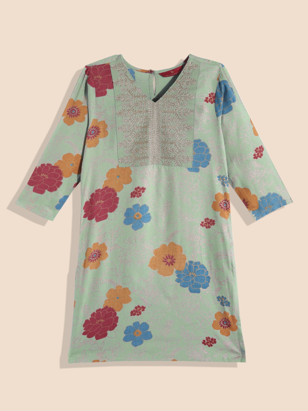 

House of Pataudi Girls Floral Yoke Design Floral Kurta, Green