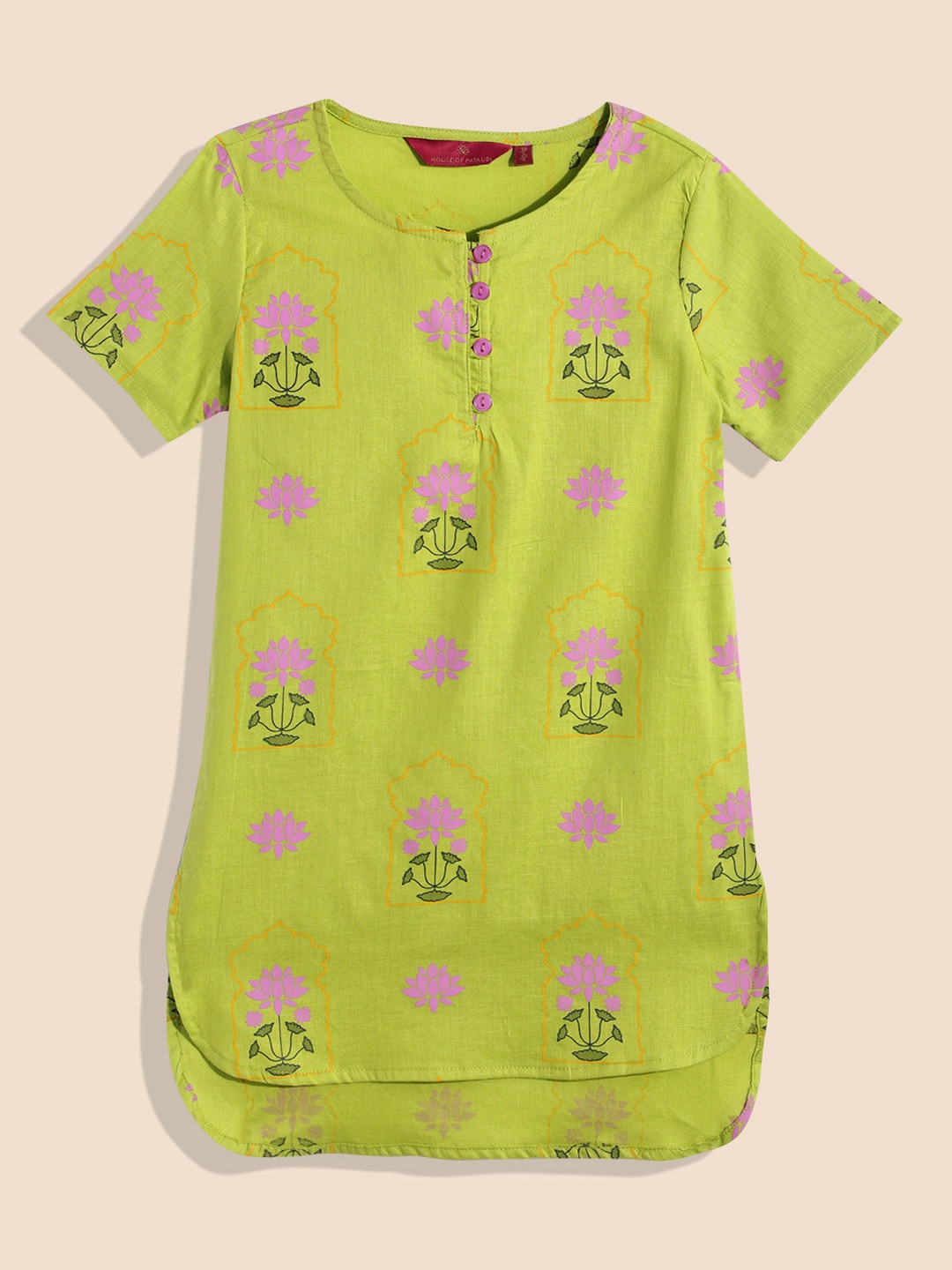 

House of Pataudi Girls Green Printed Pure Cotton Kurta