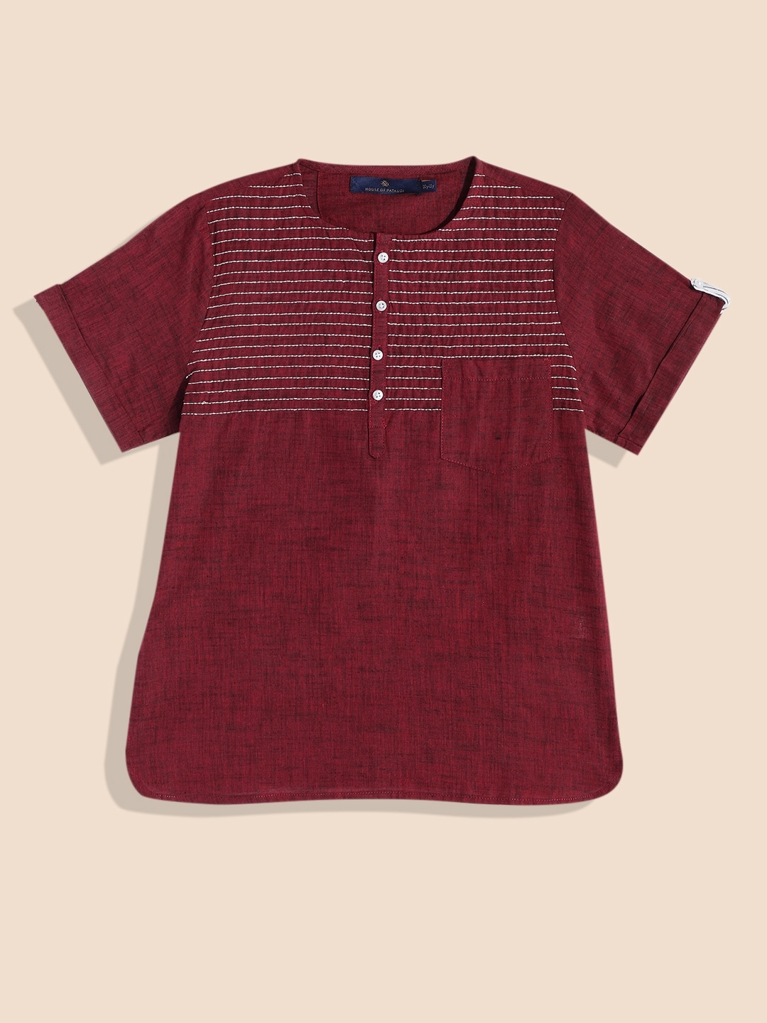 

House of Pataudi Boys Maroon Striped Pure Cotton Kurta