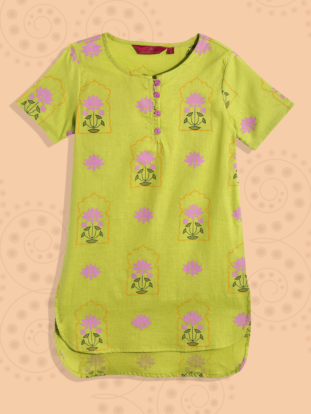 

House of Pataudi Girls Printed Pure Cotton Kurta, Green