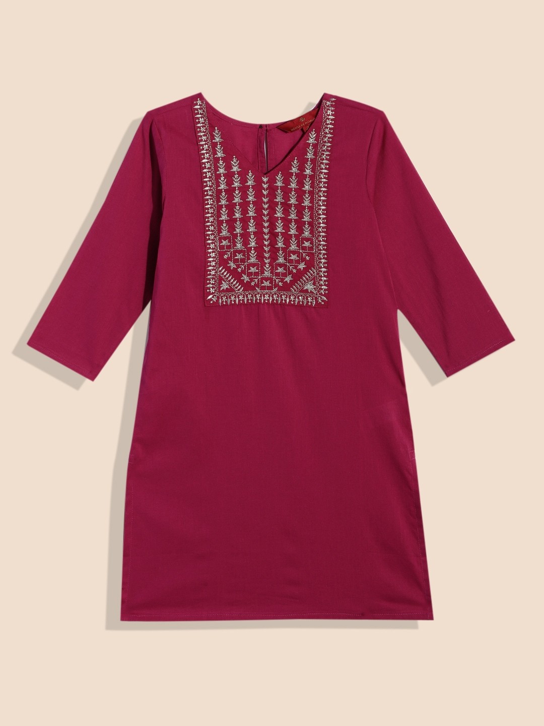 

House of Pataudi Girls Fuchsia Ethnic Motifs Yoke Design Pure Cotton Kurta