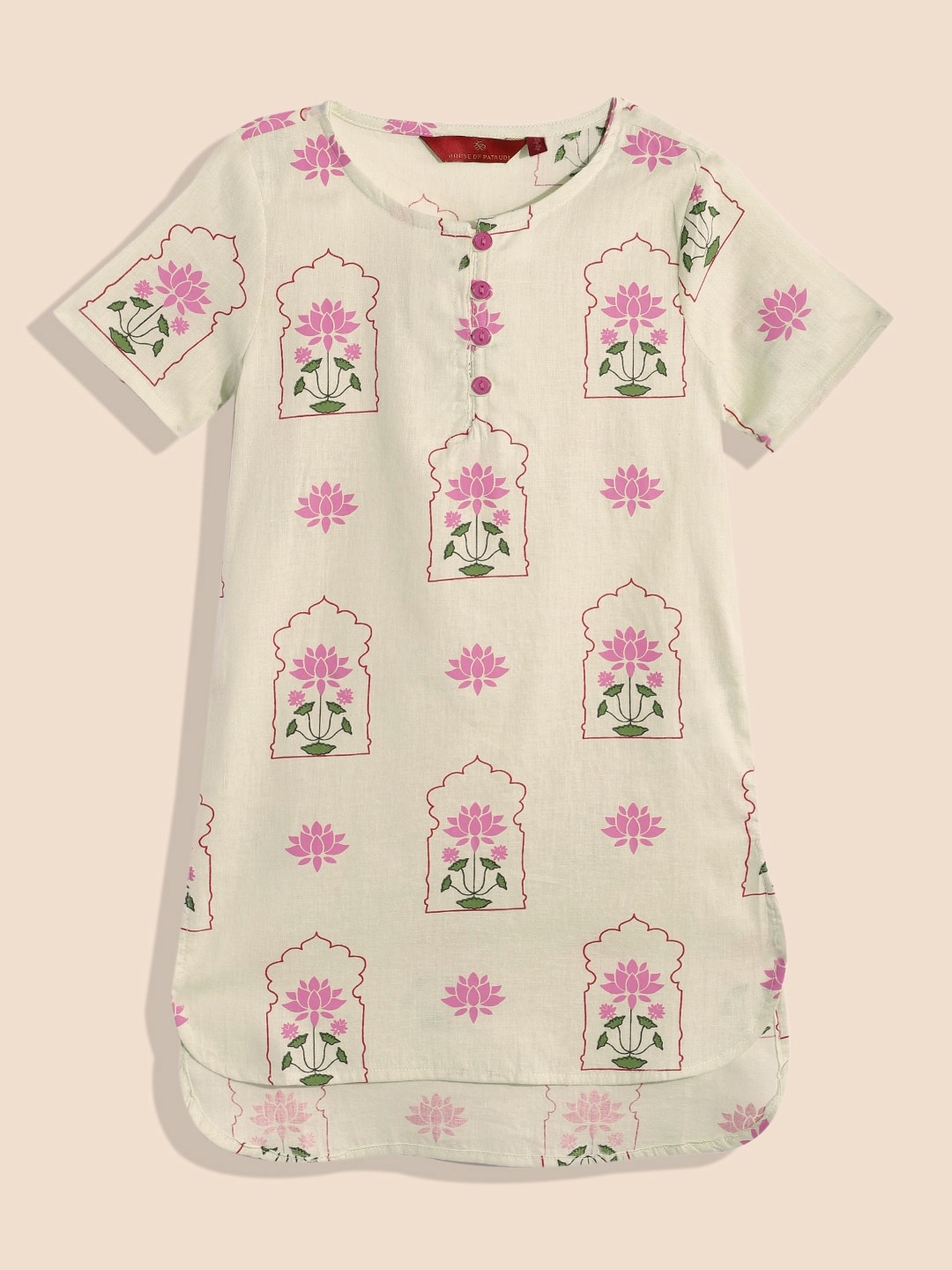 

House of Pataudi Girls Off White Printed Pure Cotton Kurta