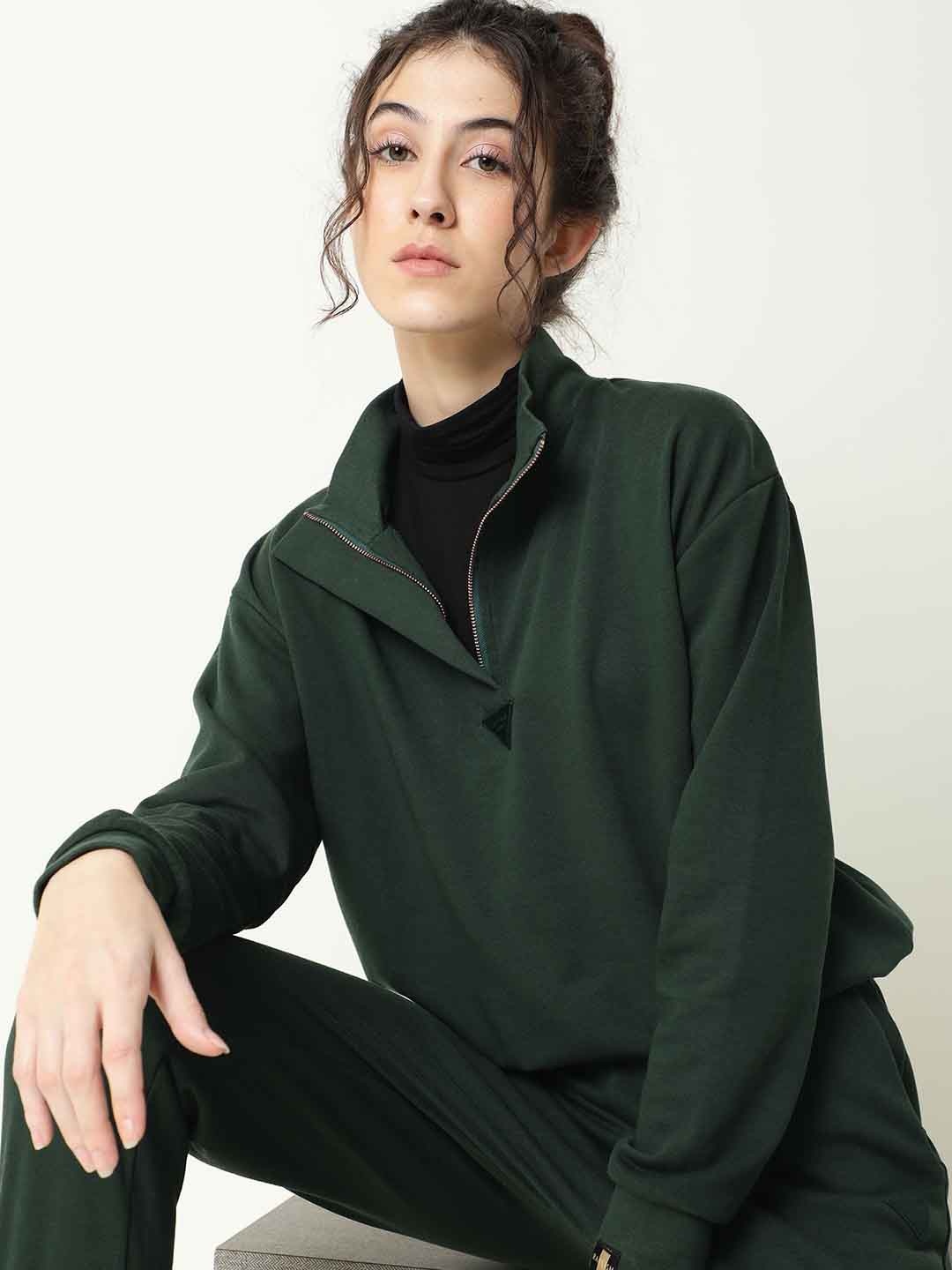 

RAREISM Women Green Solid Cotton Sweatshirt