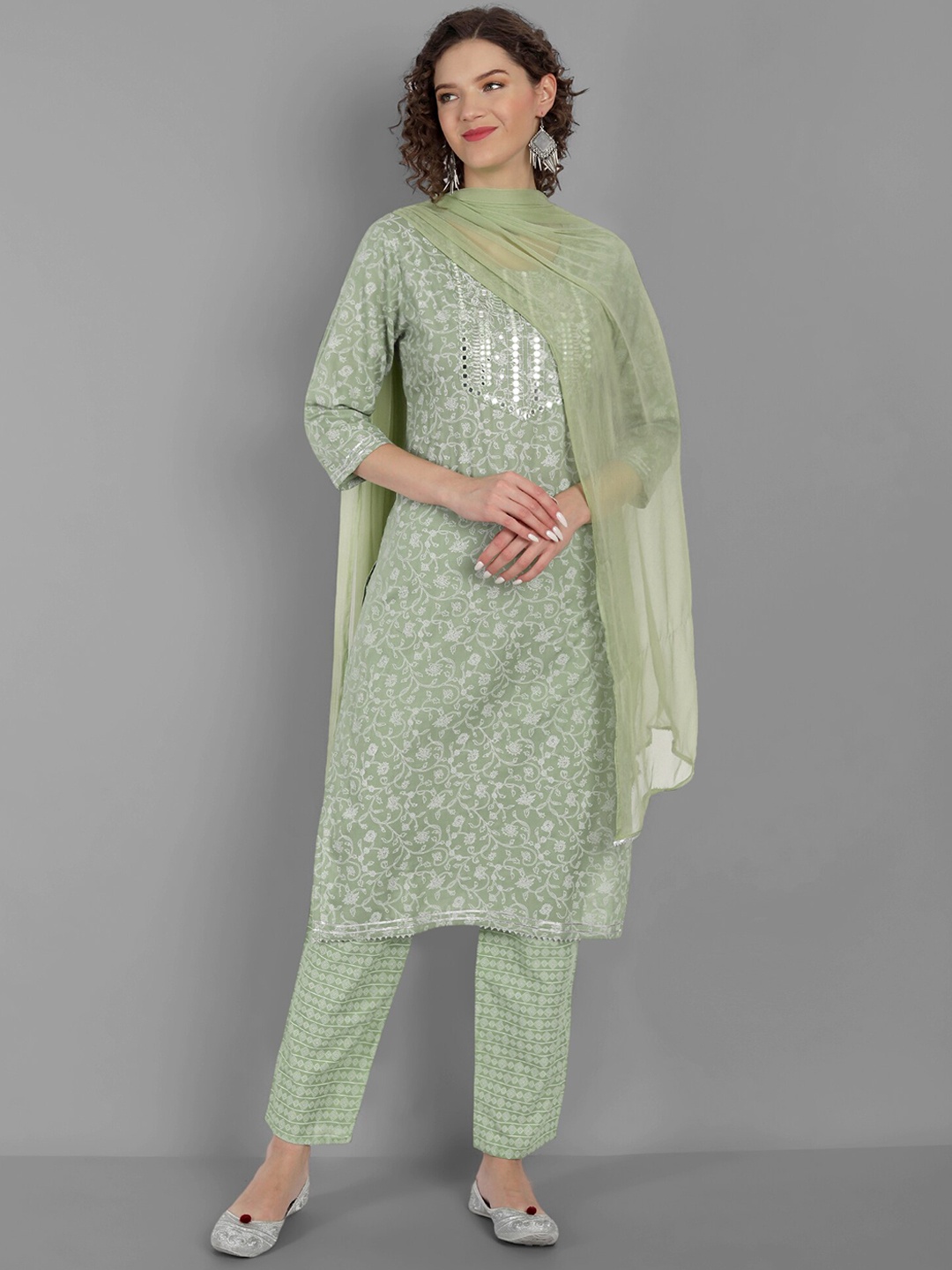 

SINGNI Women Green Striped Pleated Kurti with Palazzos & With Dupatta