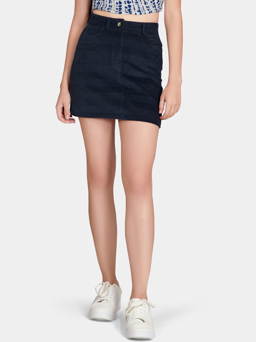 

VASTRADO Women Navy Blue Checked Printed Mini Corduroy Skirt