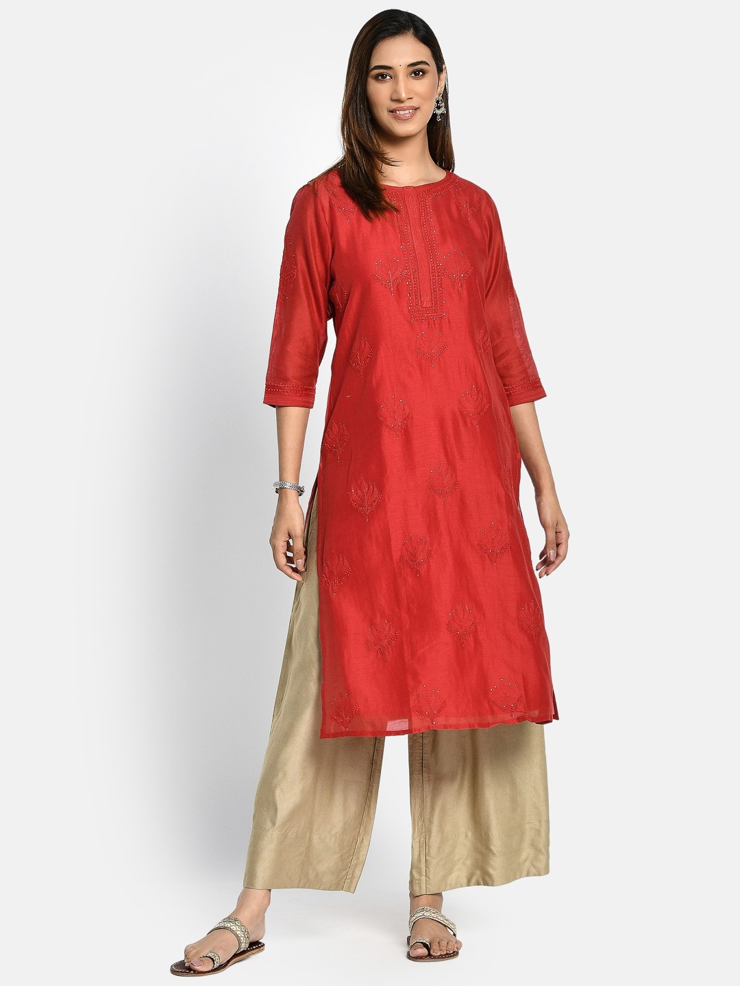

Fabindia Women Red Floral Embroidered Floral Kurta