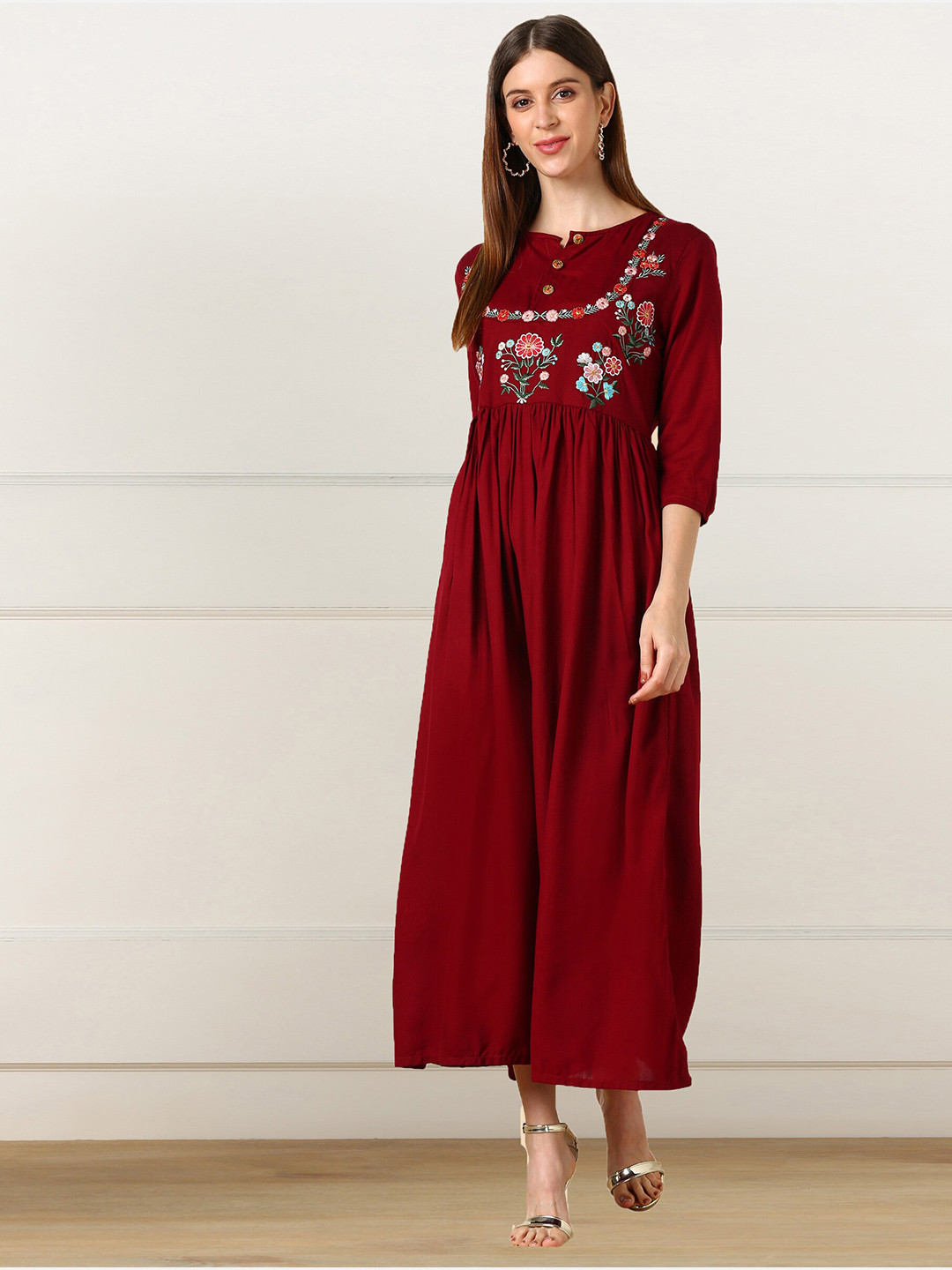 

shashvi Red & Red Floral Embroidered Thread Work Thread Work Anarkali Kurti