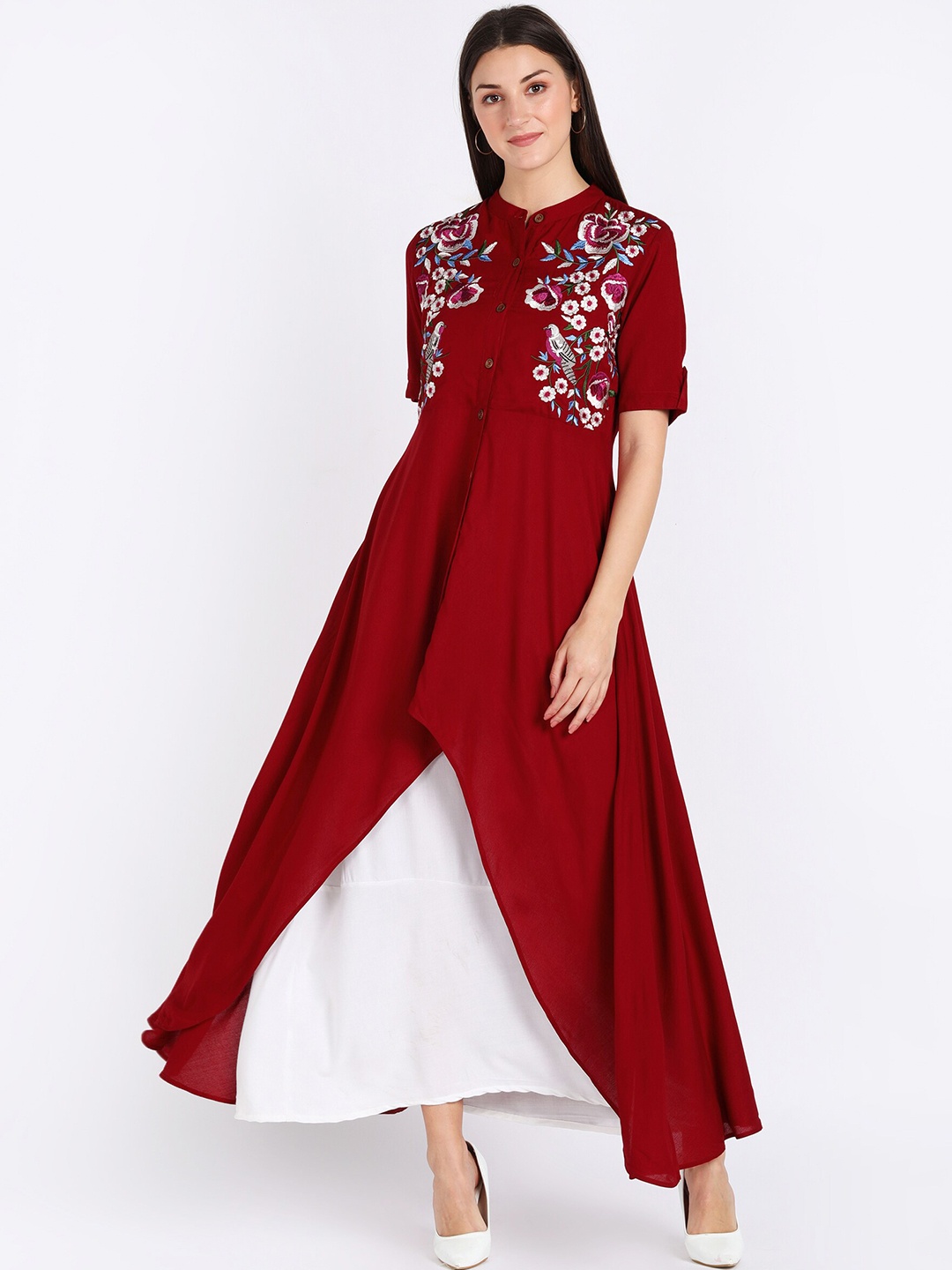 

shashvi Red & White Botanical Embroidered Thread Work Thread Work Kurti