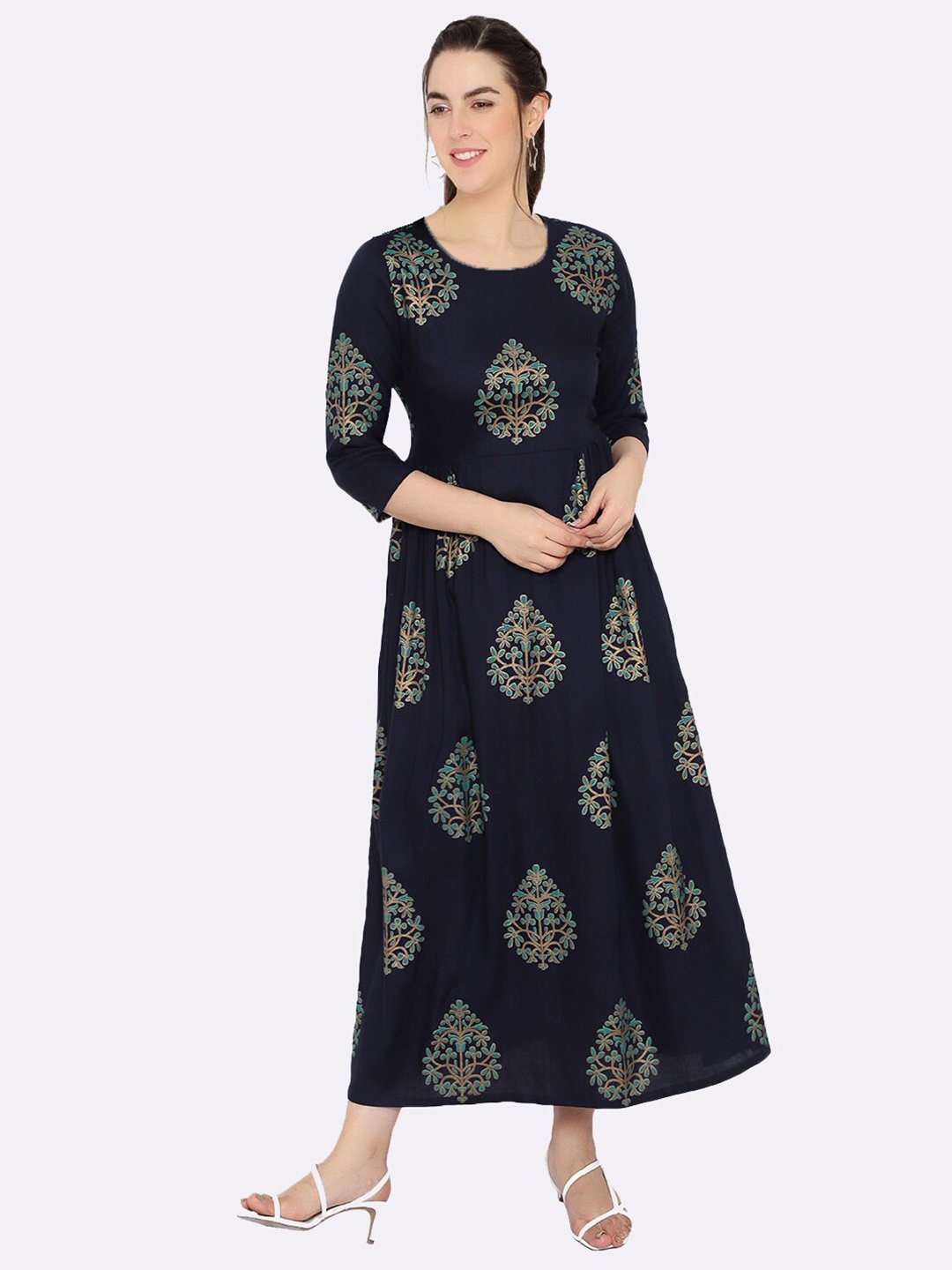 

shashvi Blue & Blue Floral Printed Pure Cotton Anarkali Kurti