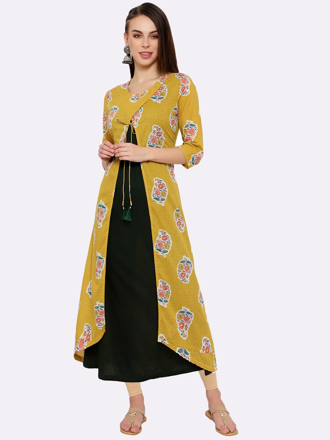 

shashvi Yellow & Yellow Botanical Printed Thread Work Thread Work Kurti