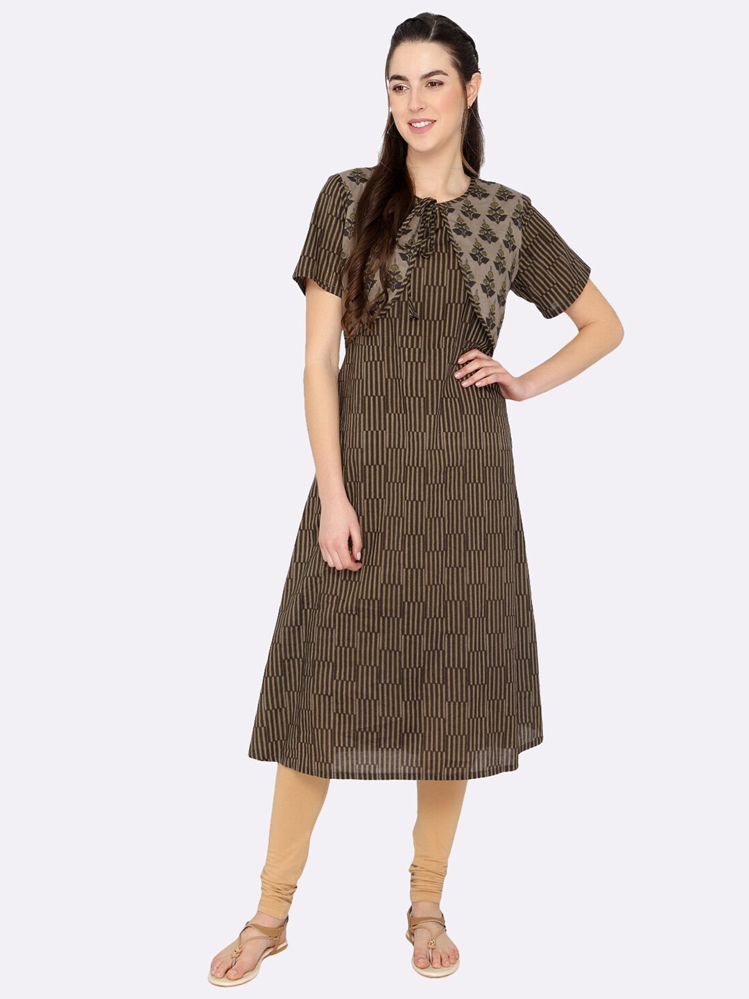 

shashvi Brown & Brown Floral Embroidered Thread Work Pure Cotton Thread Work Kurti