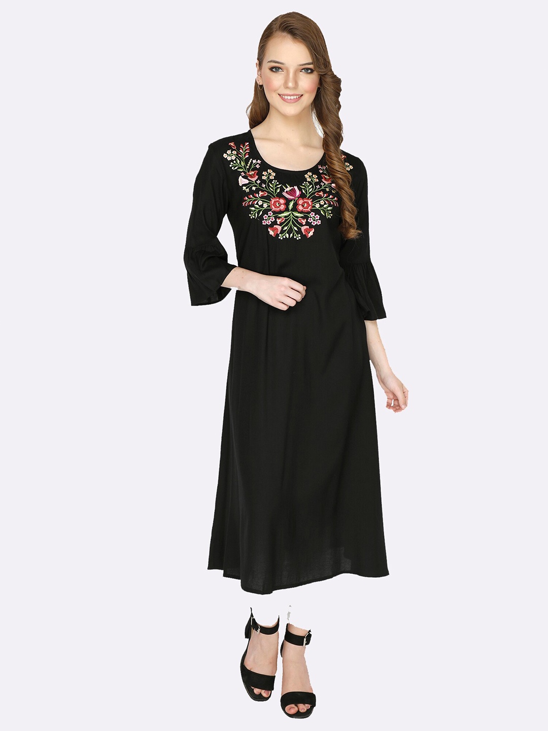 

shashvi Black & Black Floral Embroidered Thread Work Thread Work Anarkali Kurti
