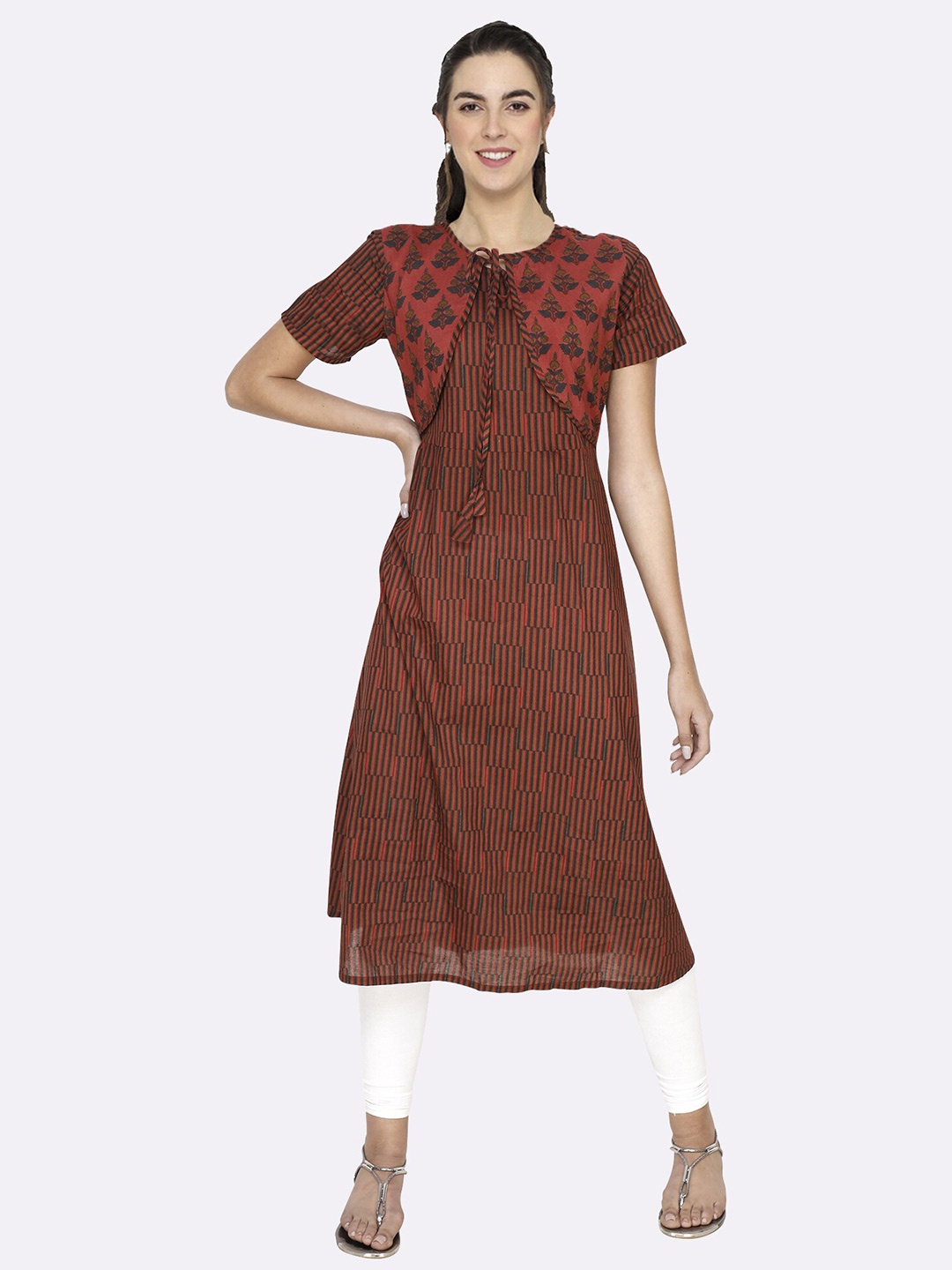 

shashvi Red & Red Floral Embroidered Thread Work Pure Cotton Thread Work Kurti
