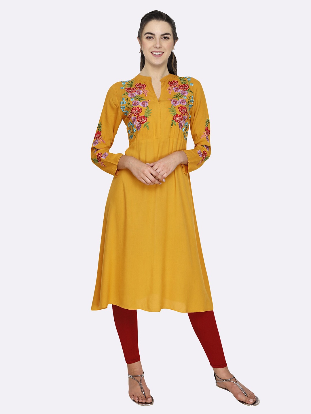 

shashvi Yellow & Yellow Floral Embroidered Thread Work Thread Work Anarkali Kurti