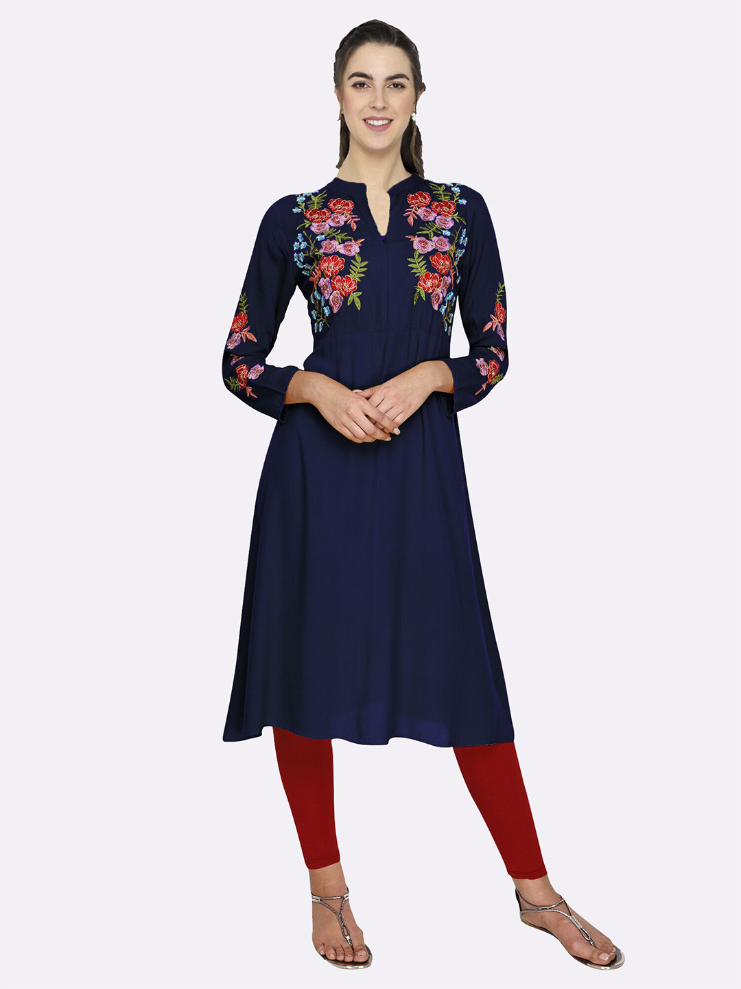 

shashvi Blue & Blue Floral Embroidered Thread Work Thread Work Anarkali Kurti