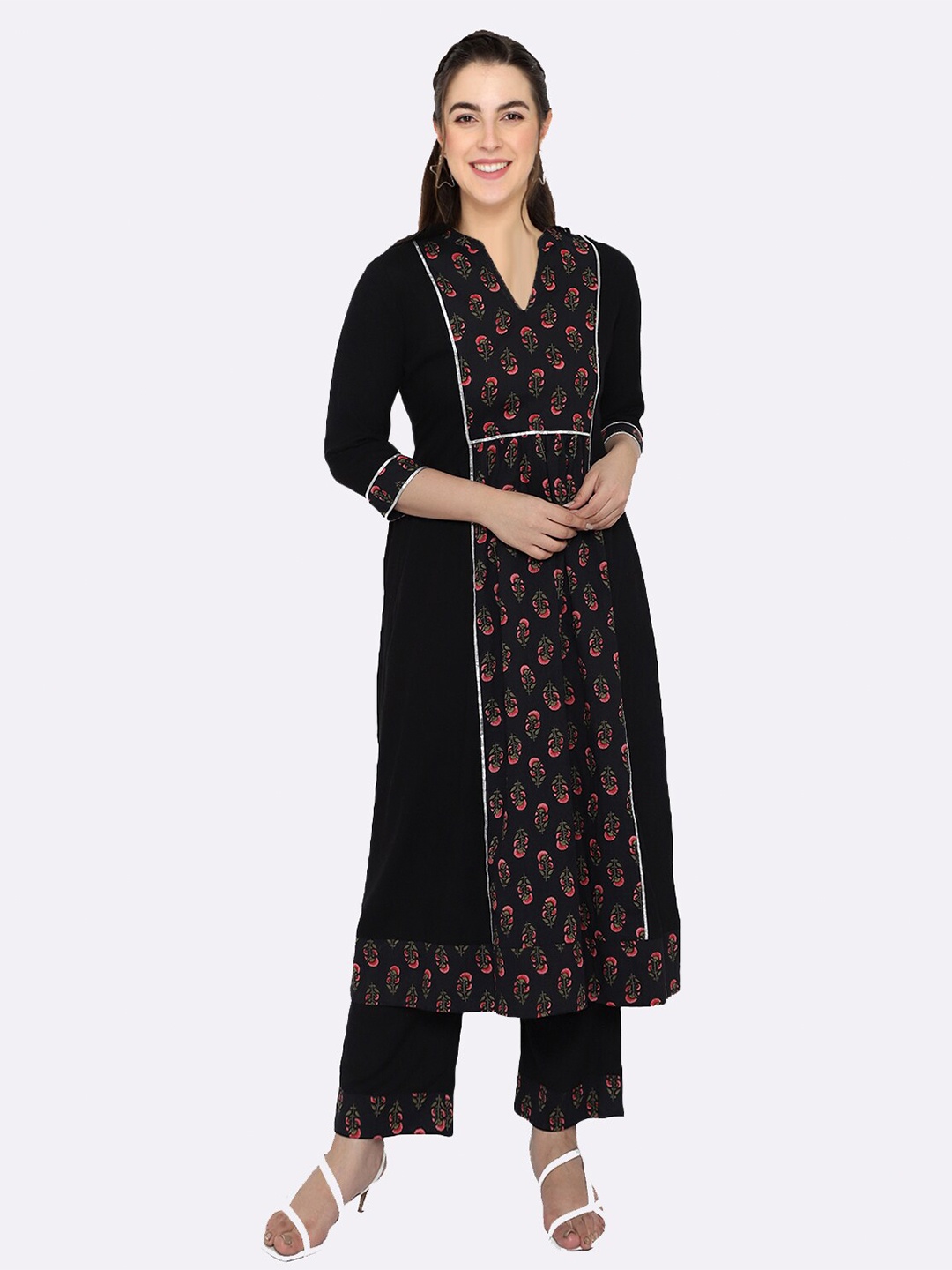 

shashvi Black & Black Floral Printed Pure Cotton Anarkali Kurti