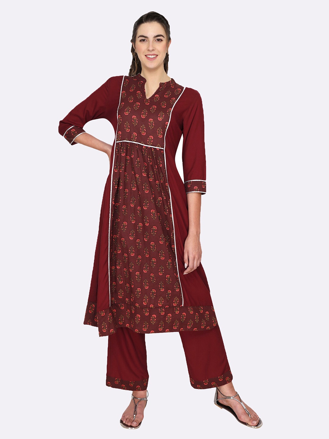 

shashvi Maroon & Maroon Floral Printed Pure Cotton Anarkali Kurti