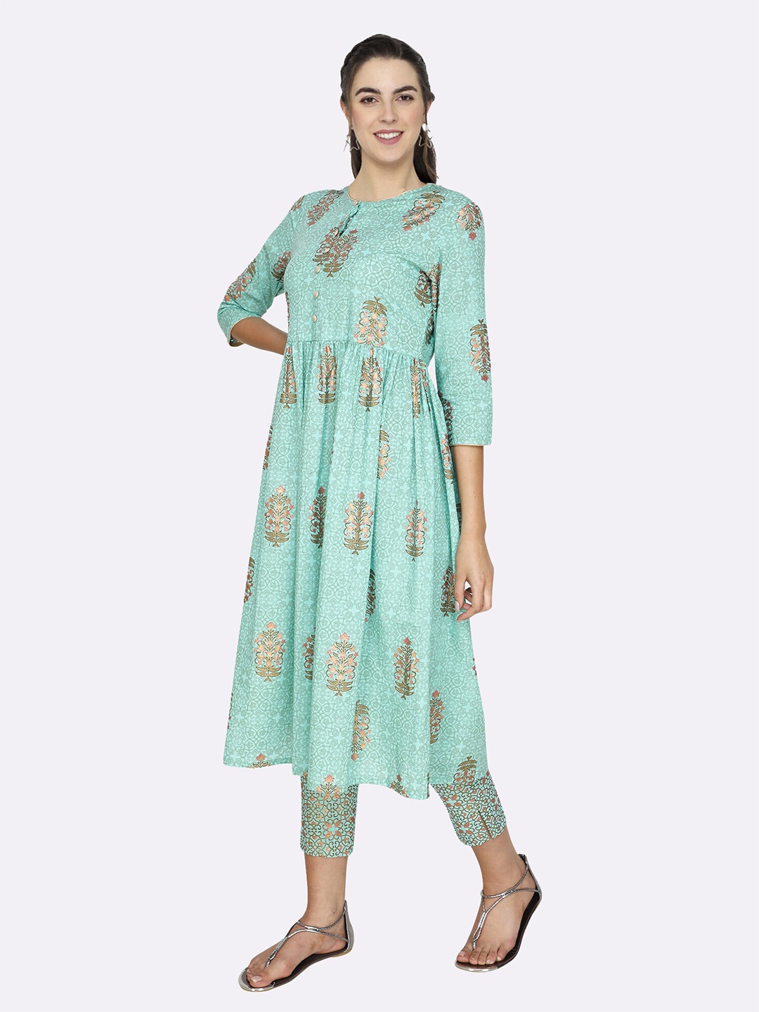 

shashvi Turquoise Blue & Turquoise Blue Paisley Printed Pure Cotton Kurti