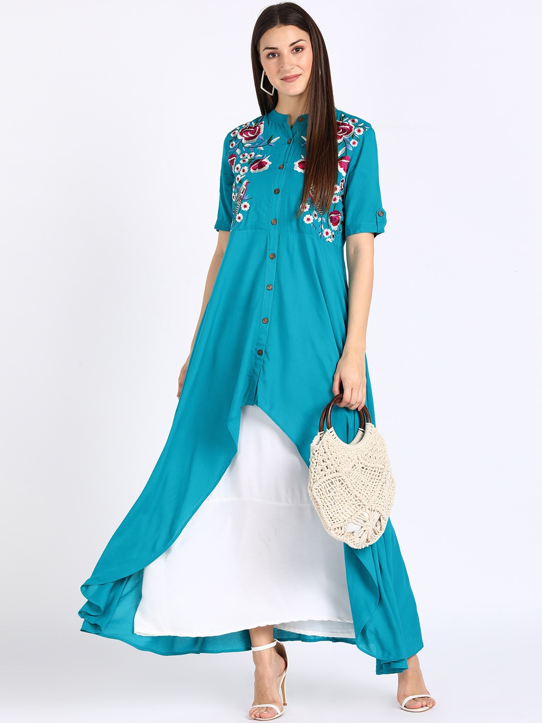 

shashvi Teal & White Botanical Embroidered Thread Work Thread Work Kurti