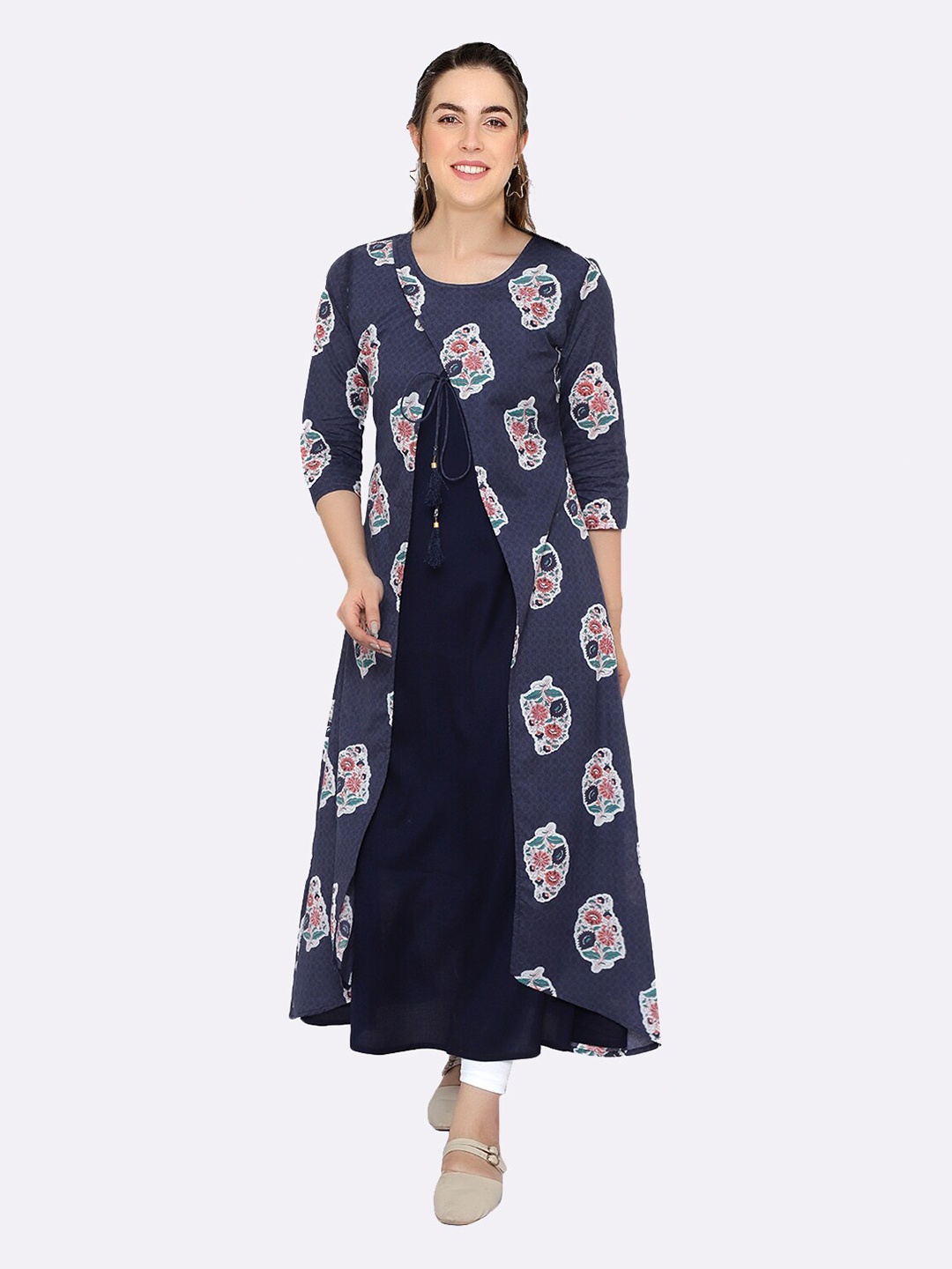 

shashvi Blue & Blue Botanical Printed Thread Work Thread Work Kurti