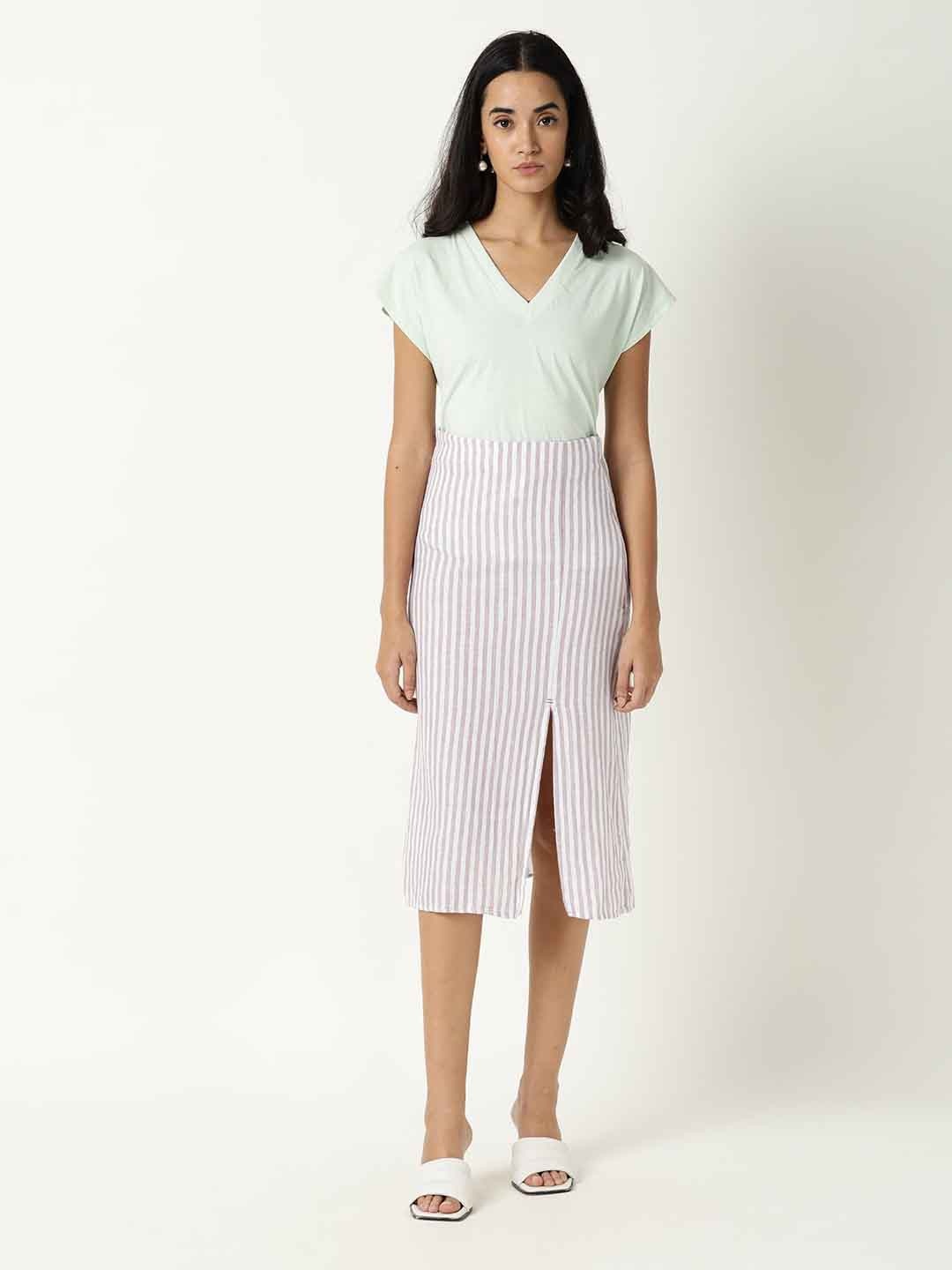 

RAREISM Women White & Grey Striped Straight Skirt