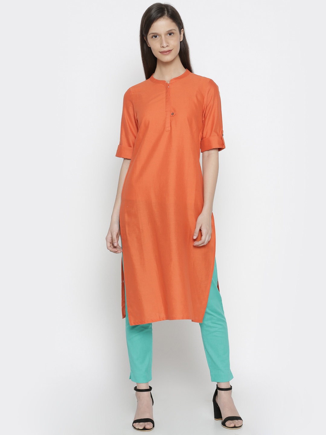 

AURELIA Women Fluorescent Green & Fluorescent Green Solid Straight Kurta