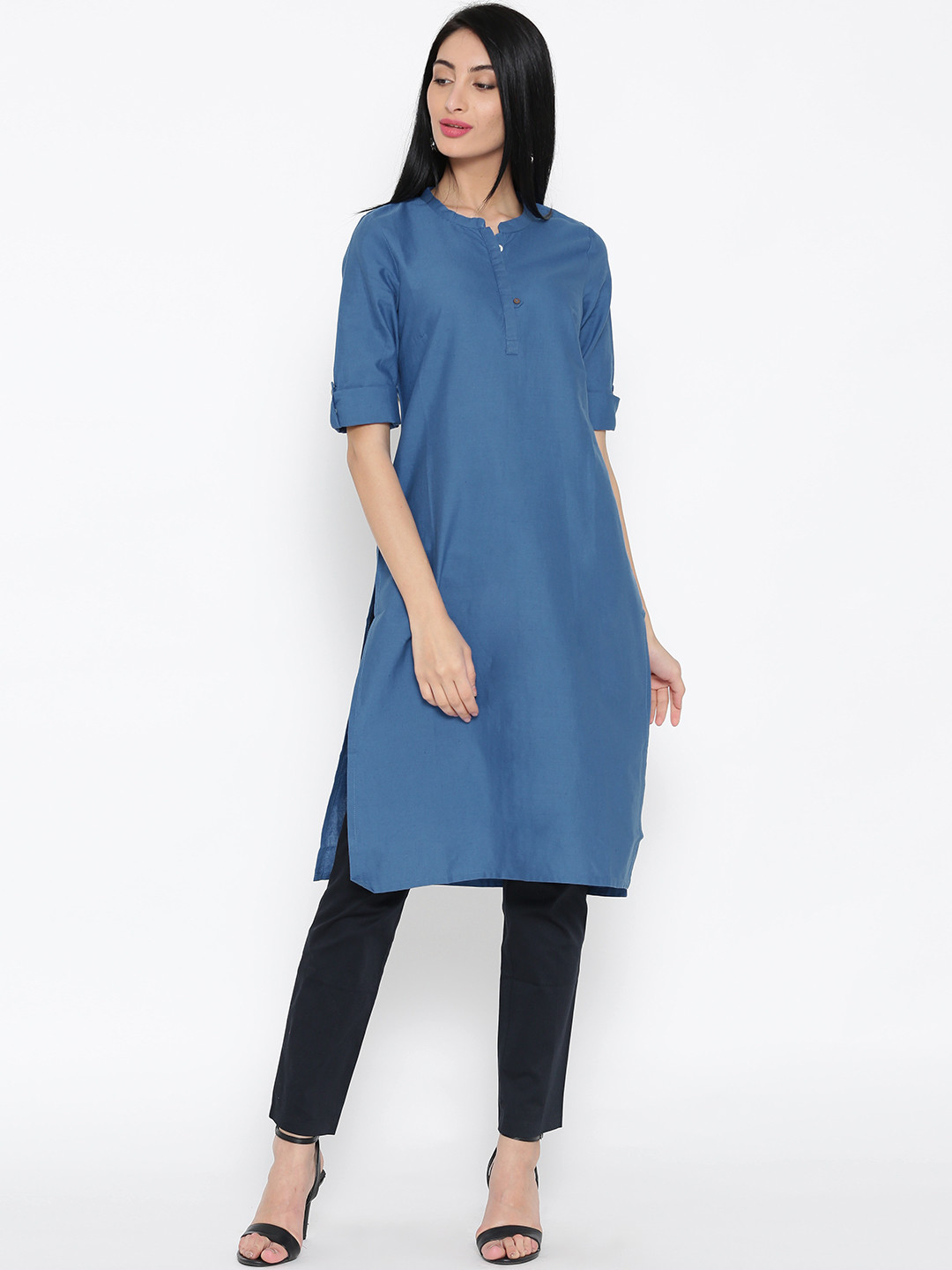 

AURELIA Women Blue Solid Straight Kurta