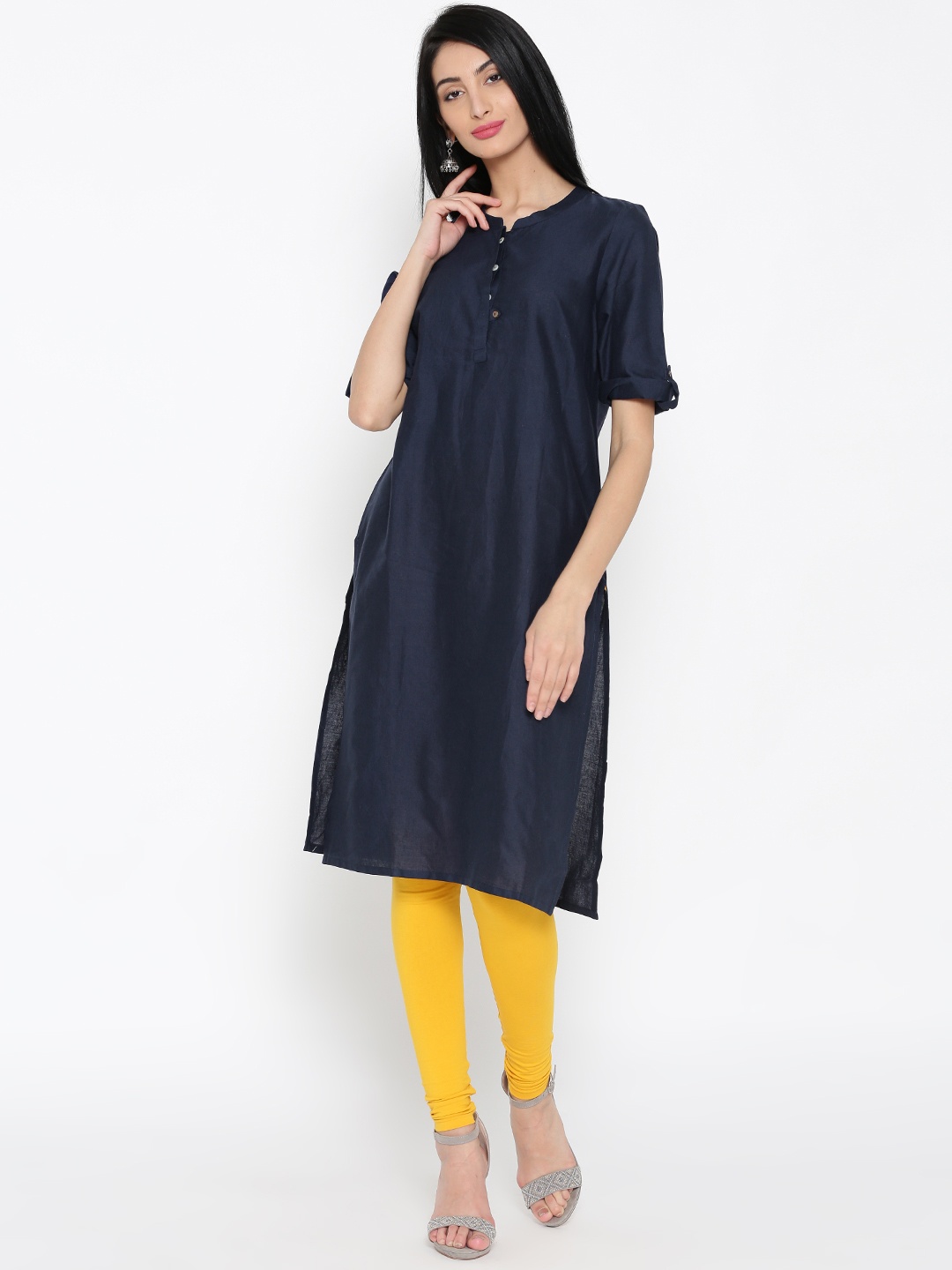 

AURELIA Women Navy Solid Straight Kurta, Navy blue