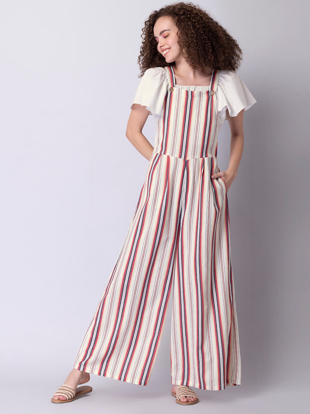 

FabAlley White & Red Striped Basic Jumpsuit