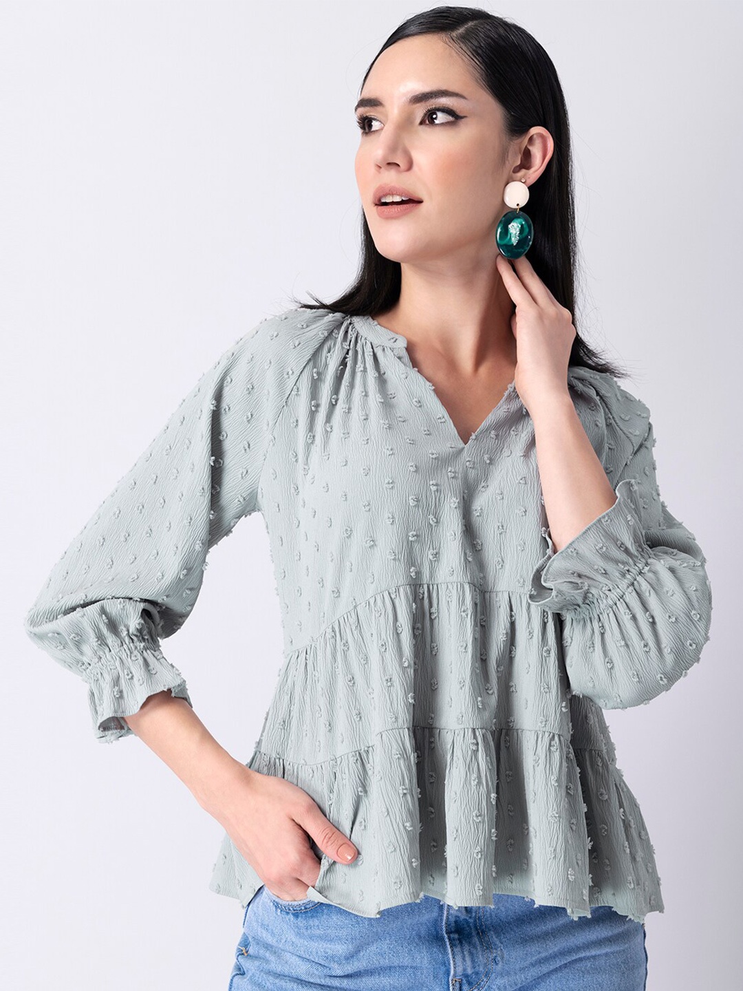 

FabAlley Grey Dobby Tiered Top