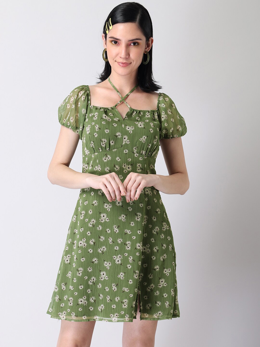 

FabAlley Green Floral Georgette A-Line Dress