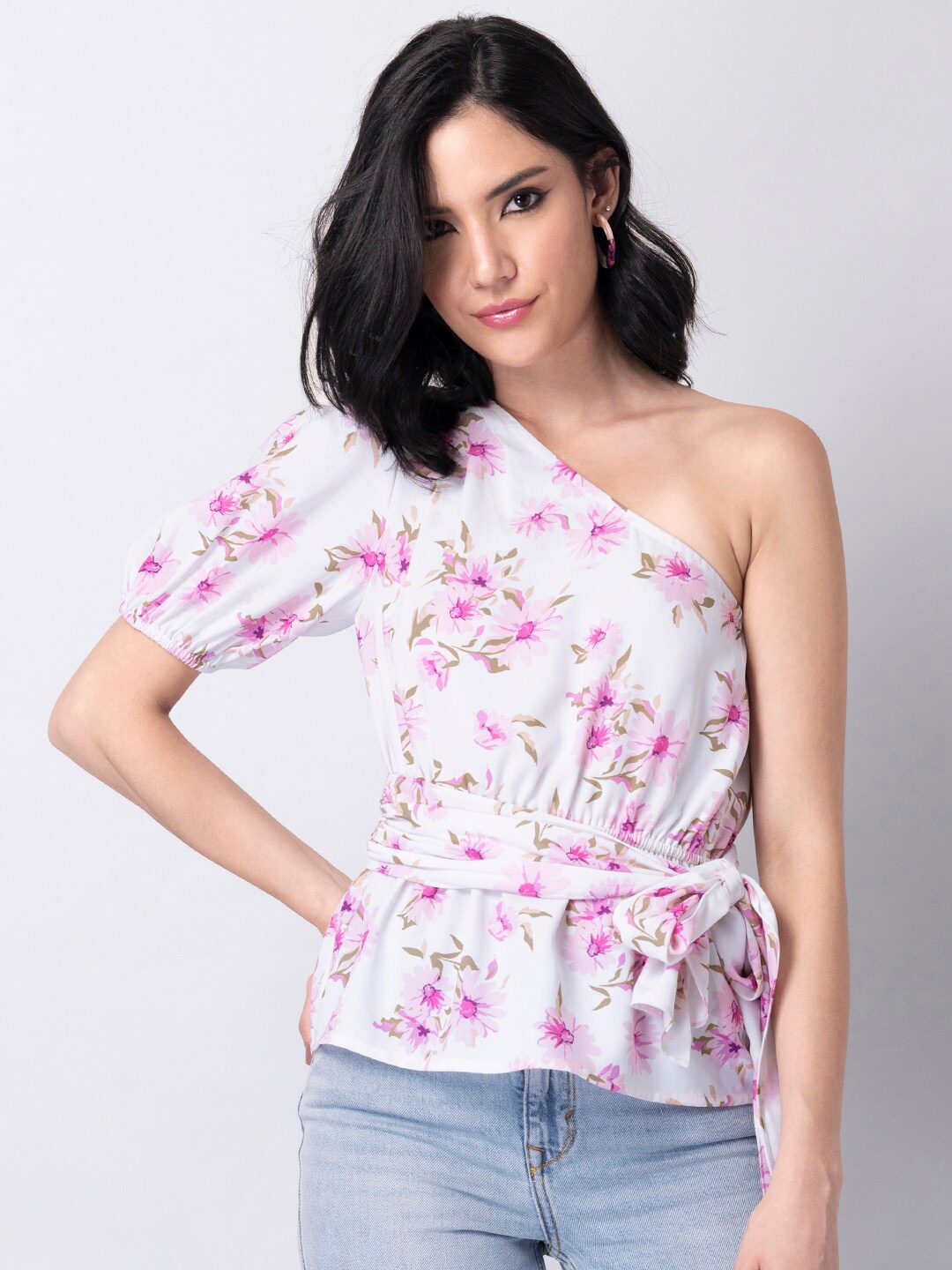 

FabAlley White Floral Print One Shoulder Top