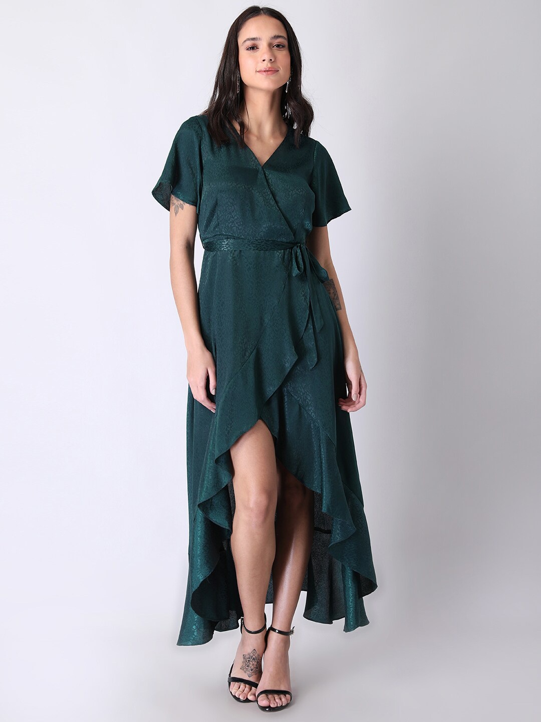 

FabAlley Green Satin Maxi Wrap Dress