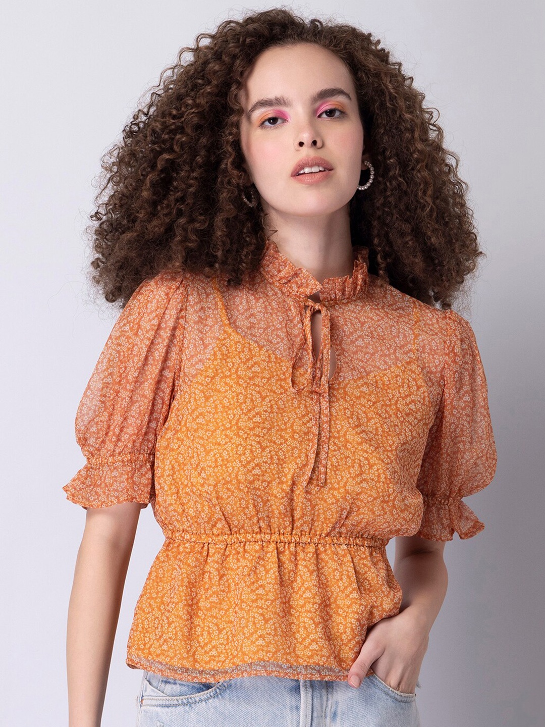 

FabAlley Women Yellow Printed Georgette Cinched Waist Top