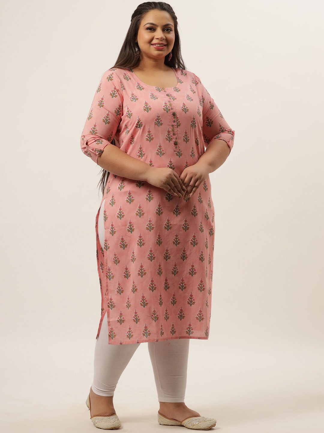 

Yufta Women Pink Printed Flared Sleeves Thread Work Kurta