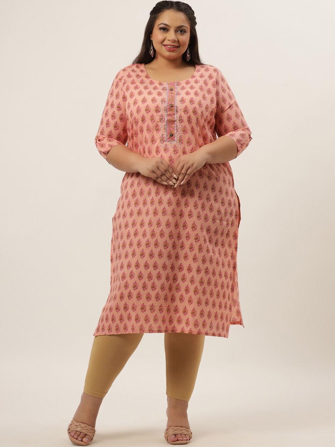 

Yufta Plus Size Women Peach-Coloured Ethnic Motifs Cotton Kurta