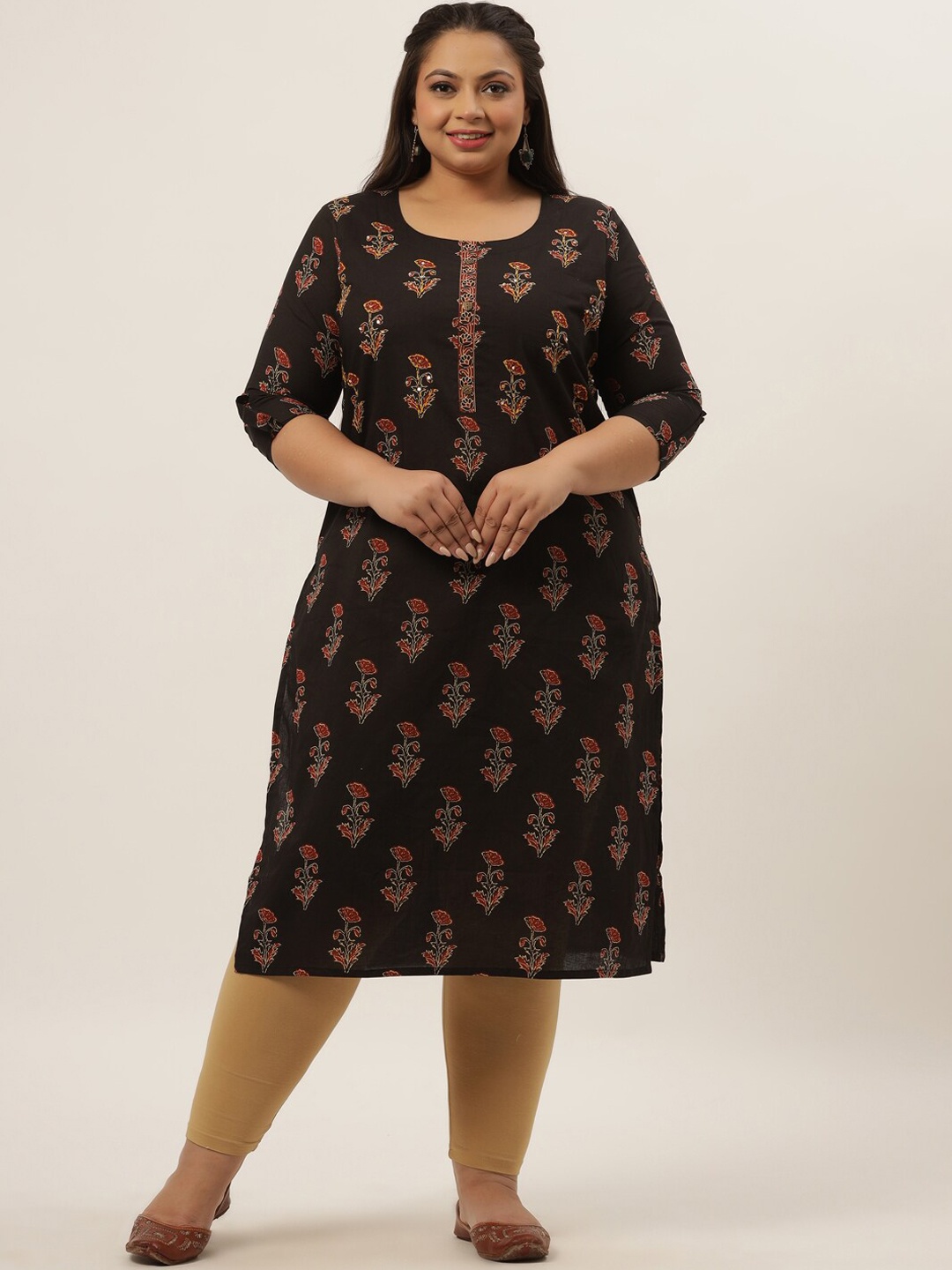 

Yufta Plus Size Women Black Floral Printed Cotton Kurta