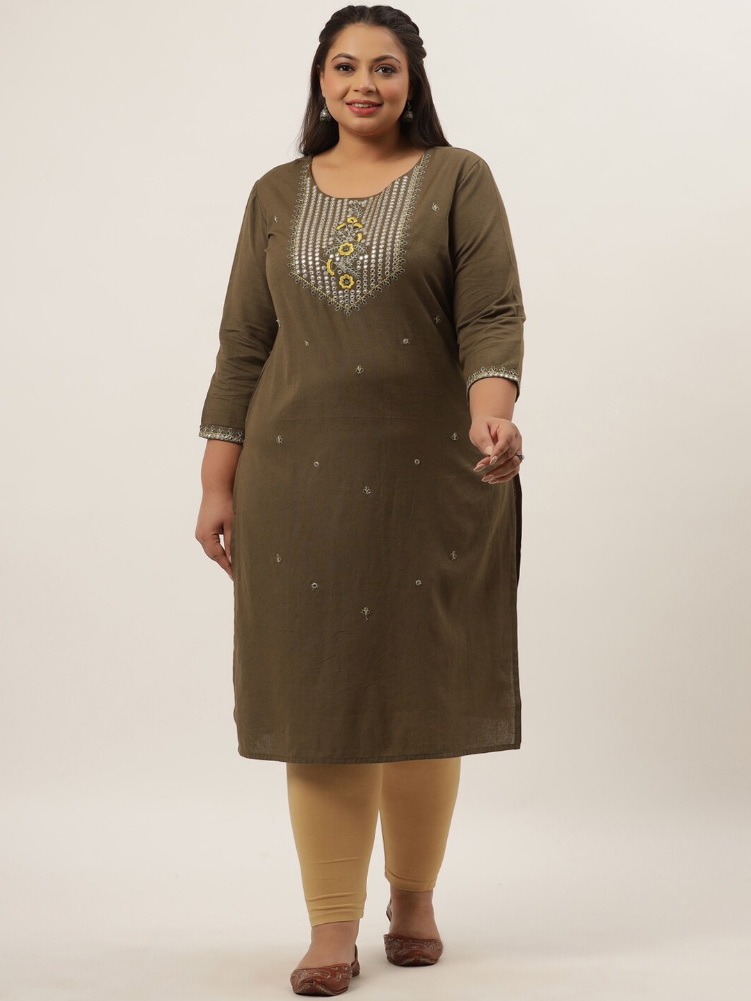 

Yufta Women Plus Size Olive Green Aari Work Yoke Design Kurta