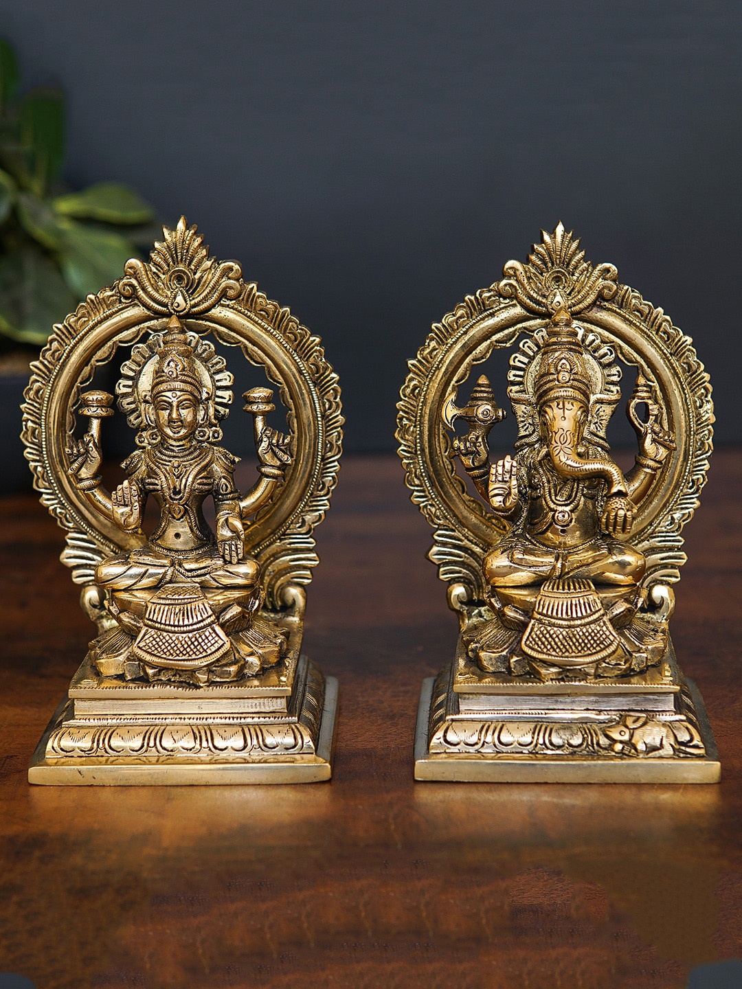 

StatueStudio Set Of 2 Gold Toned Ganesh & Lakshmi Brass Idol Showpieces