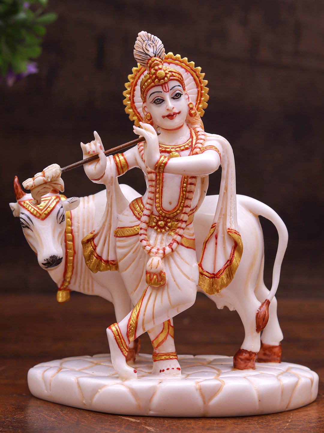 

StatueStudio White & Gold Krishna Idol With Cow Showpieces