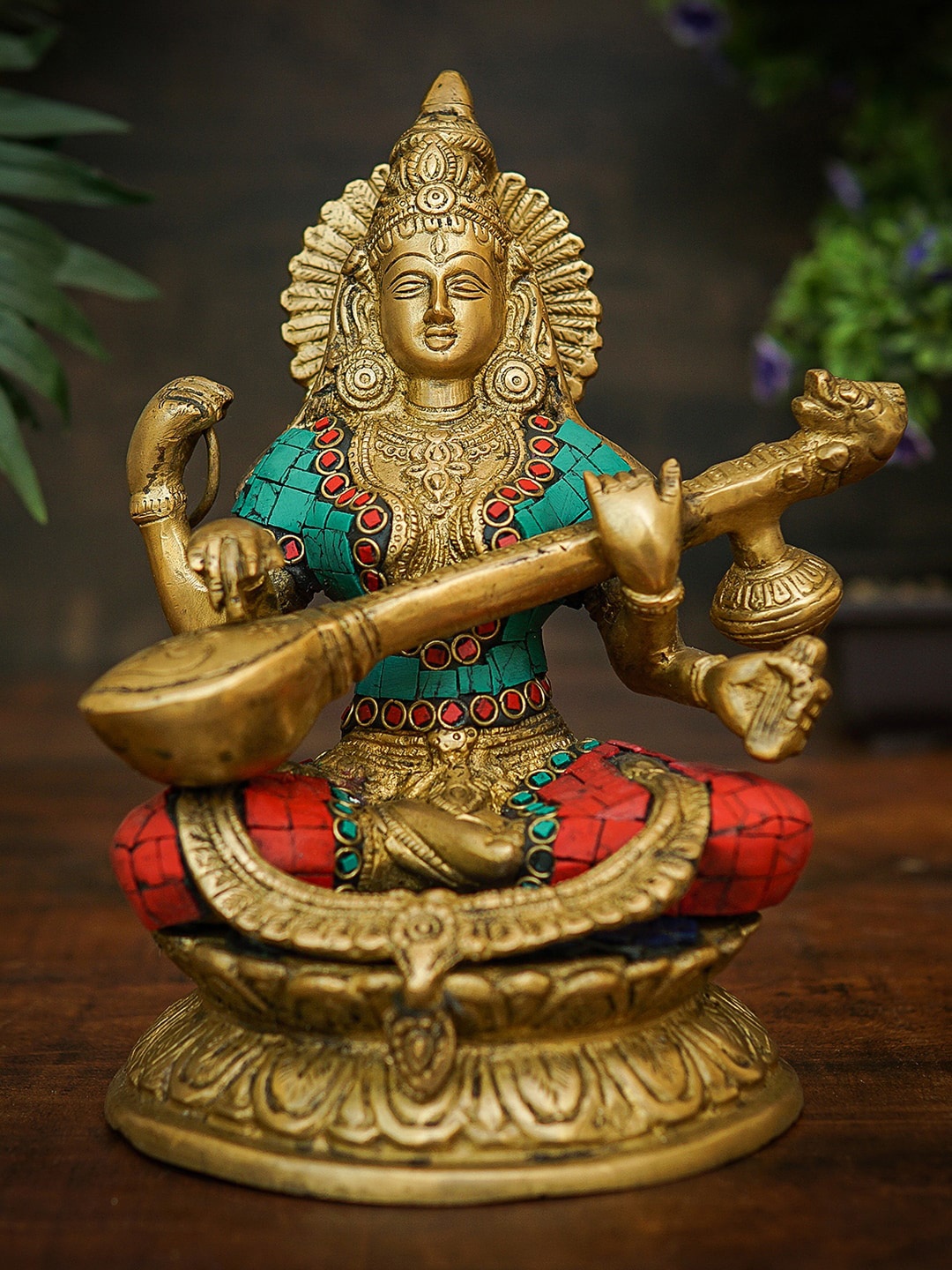 

StatueStudio Gold Toned & Green Brass Saraswati Idol