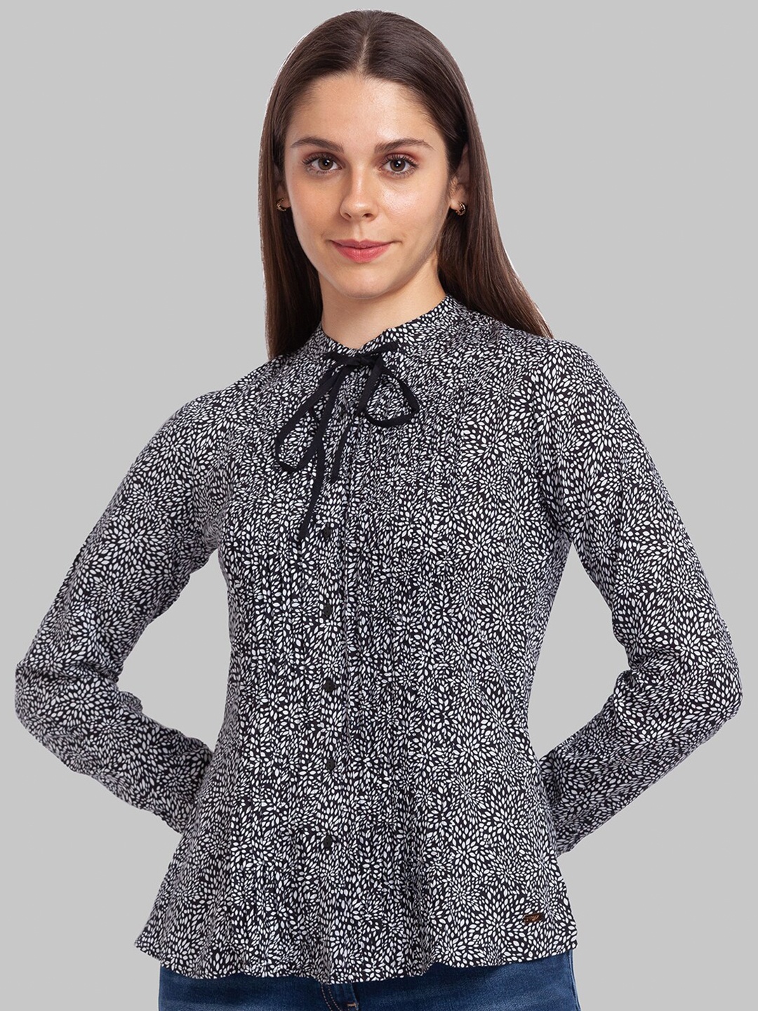 

Park Avenue Black Animal Print Tie-Up Neck Peplum Top