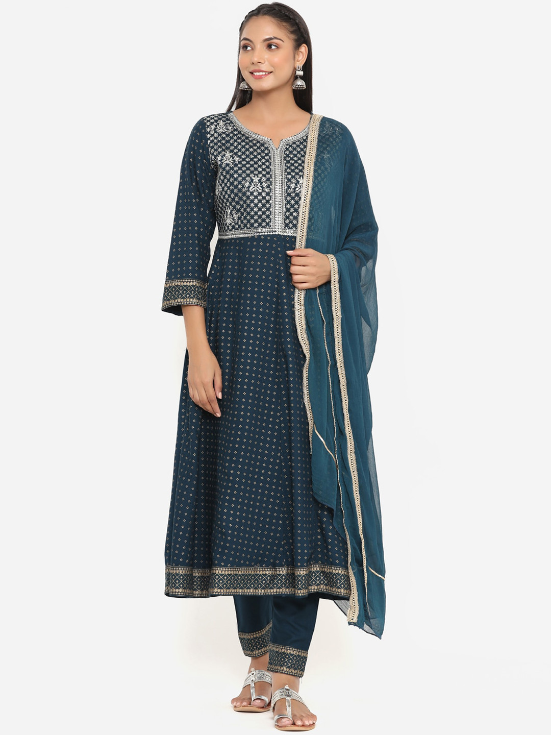 

UNISETS Women Teal Ethnic Motifs Embroidered Panelled Kurta with Churidar & With Dupatta