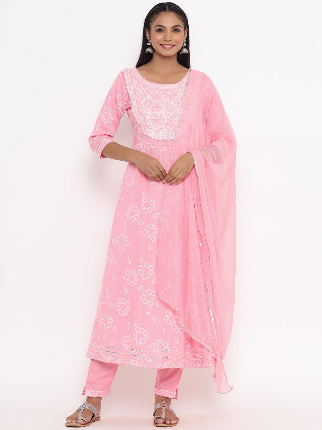 

UNISETS Women Pink Floral Printed Kurti with Trousers & With Dupatta