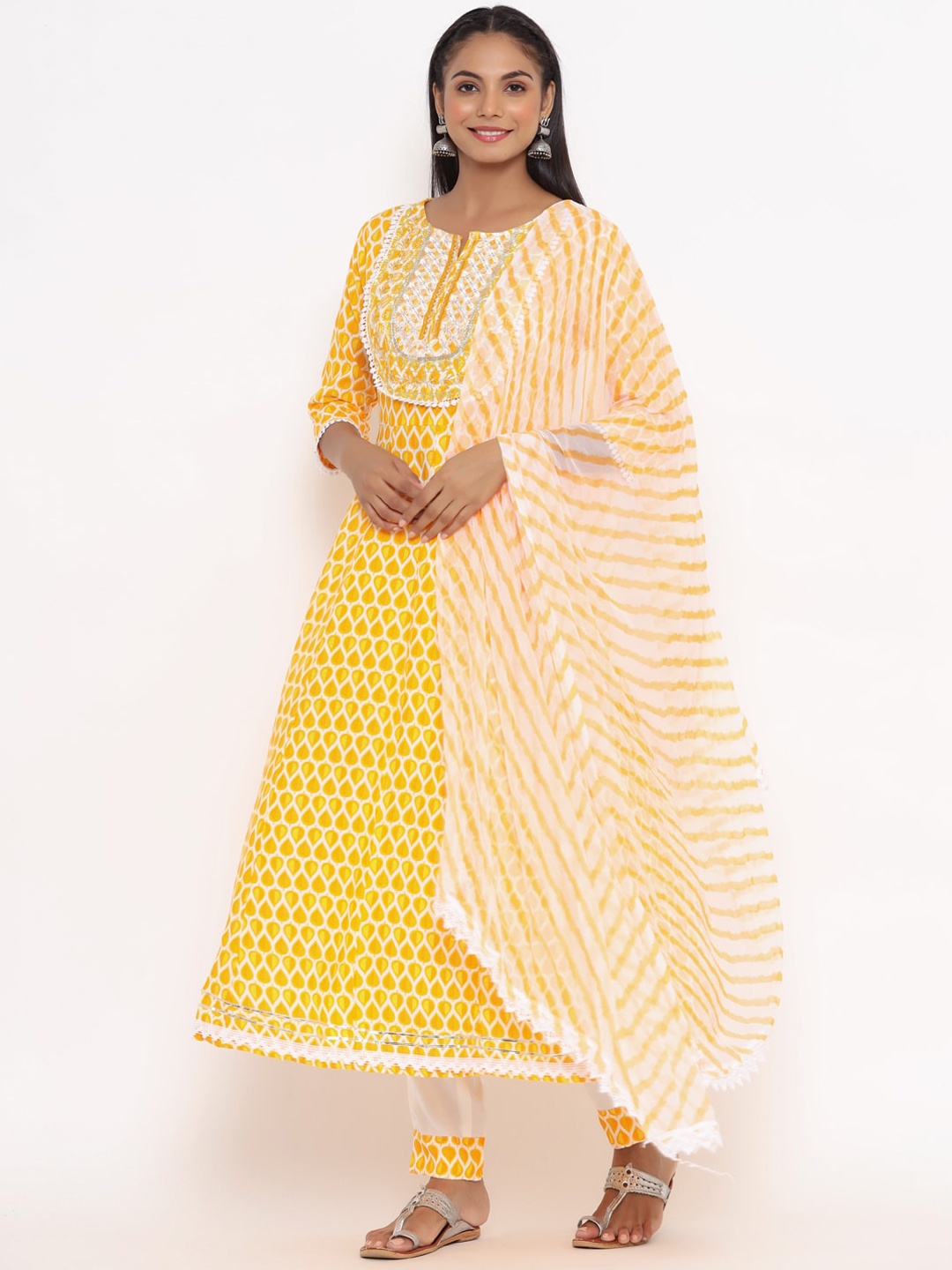 

UNISETS Women Yellow Striped Panelled Kurti with Trousers