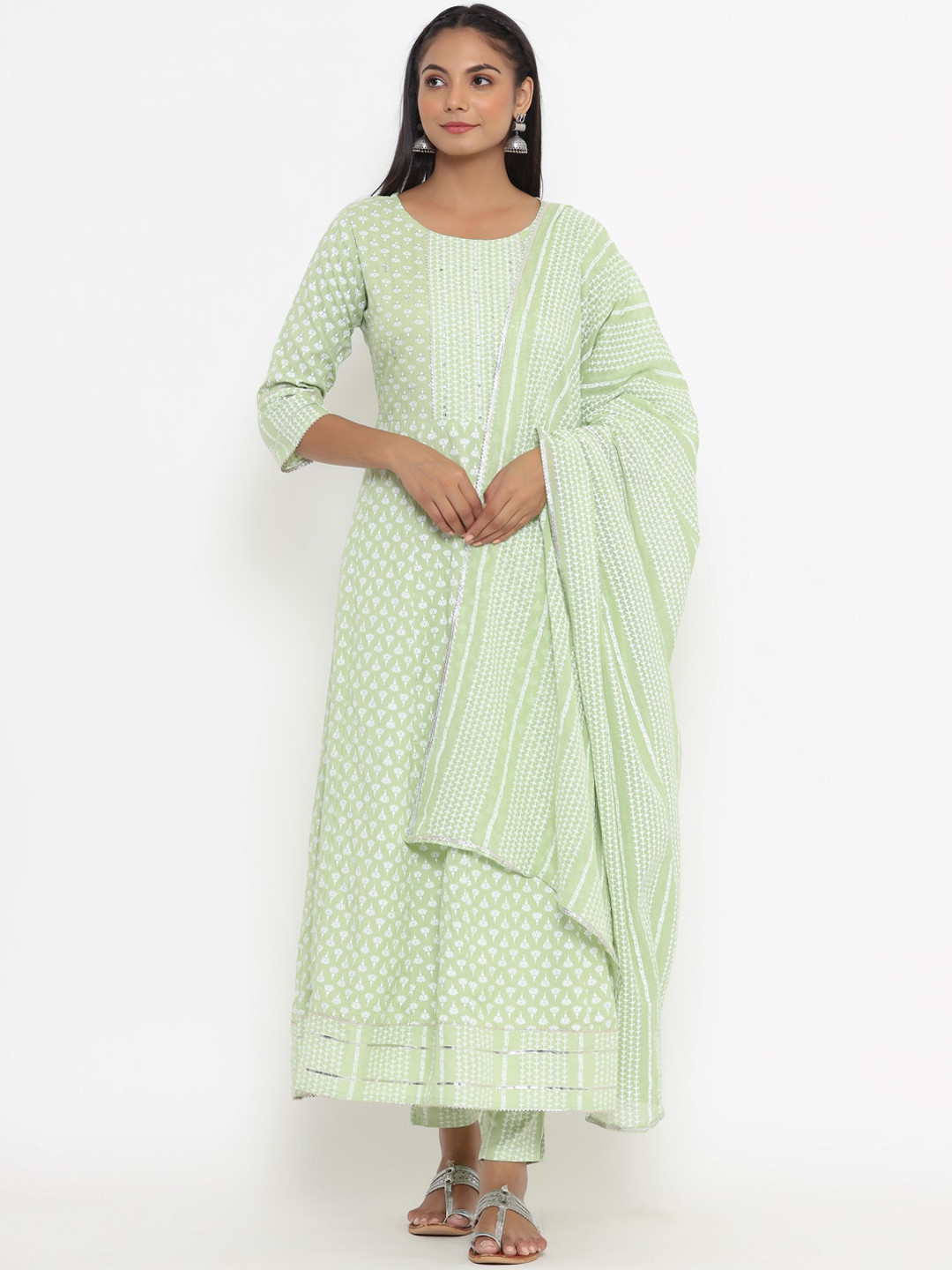 

UNISETS Women Lime Green Ethnic Motifs Printed Layered Kurta with Trousers & With Dupatta