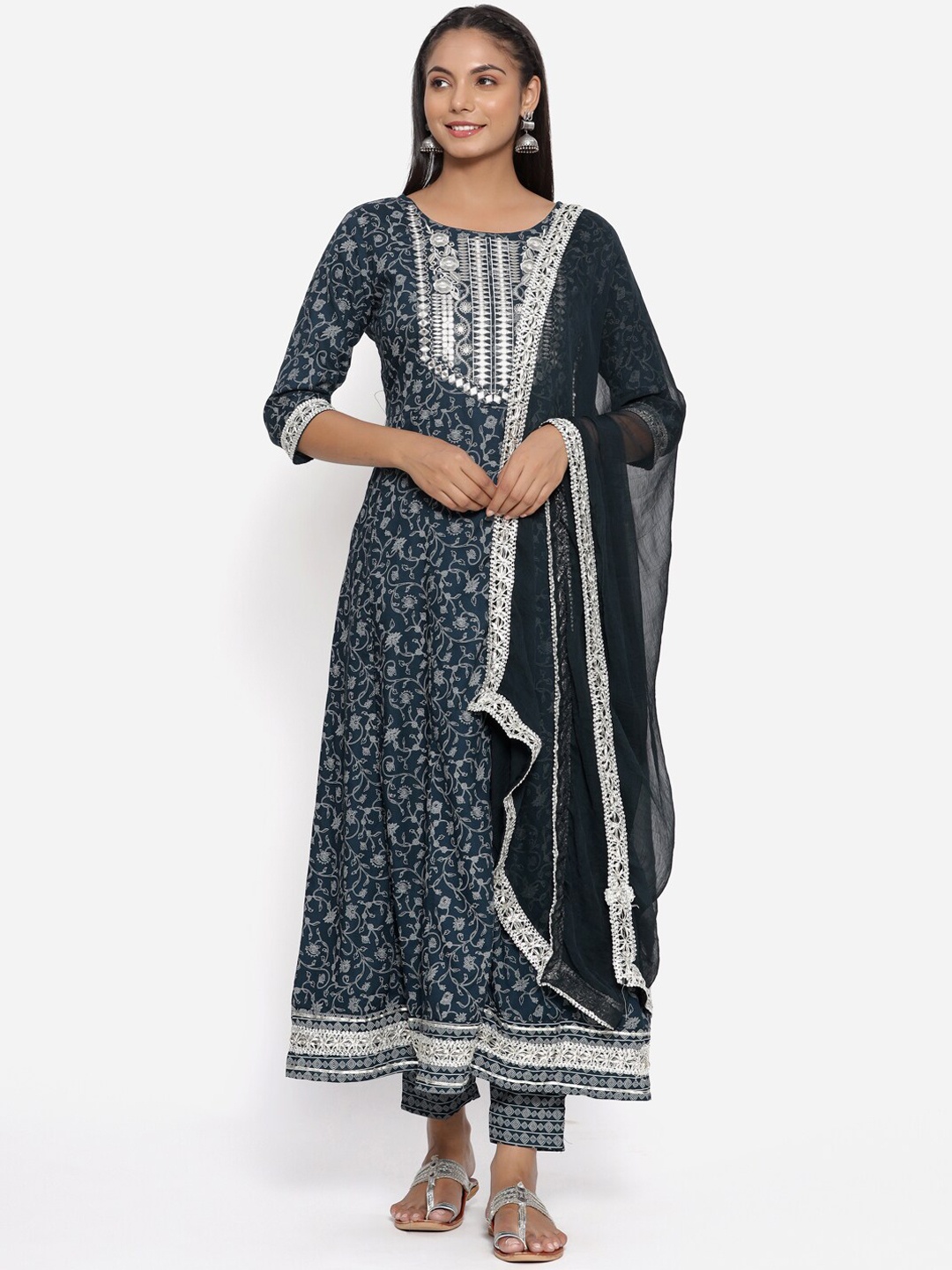 

UNISETS Women Teal Ethnic Motifs Printed Empire Kurta with Trousers & With Dupatta